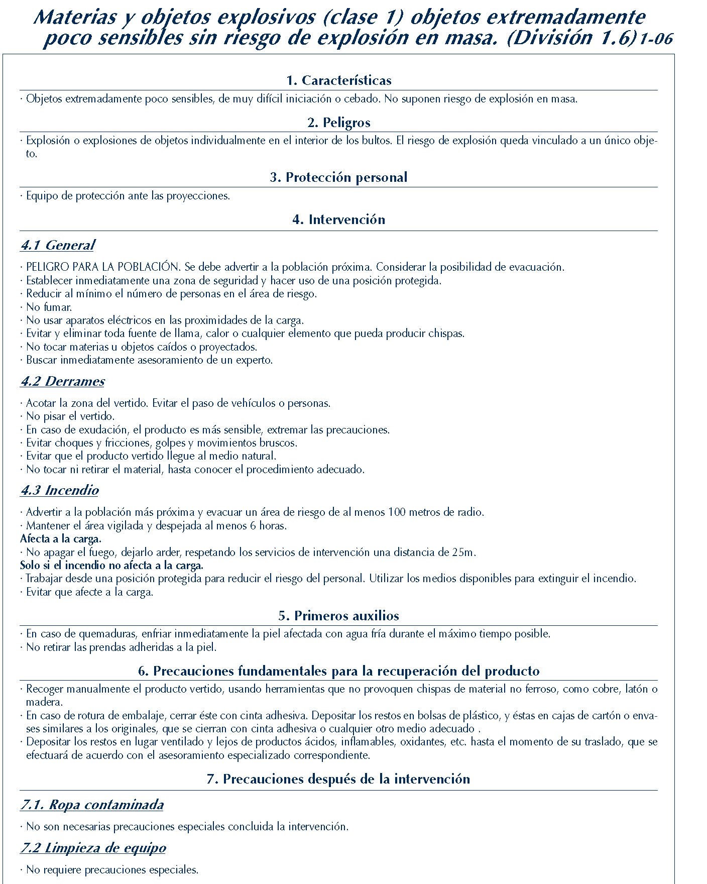 MERCANCIAS PELIGROSAS 092 FICHA 1-06 CLASE 1 DIVISION 1.6 FICHAS EMERGENCIA 2004