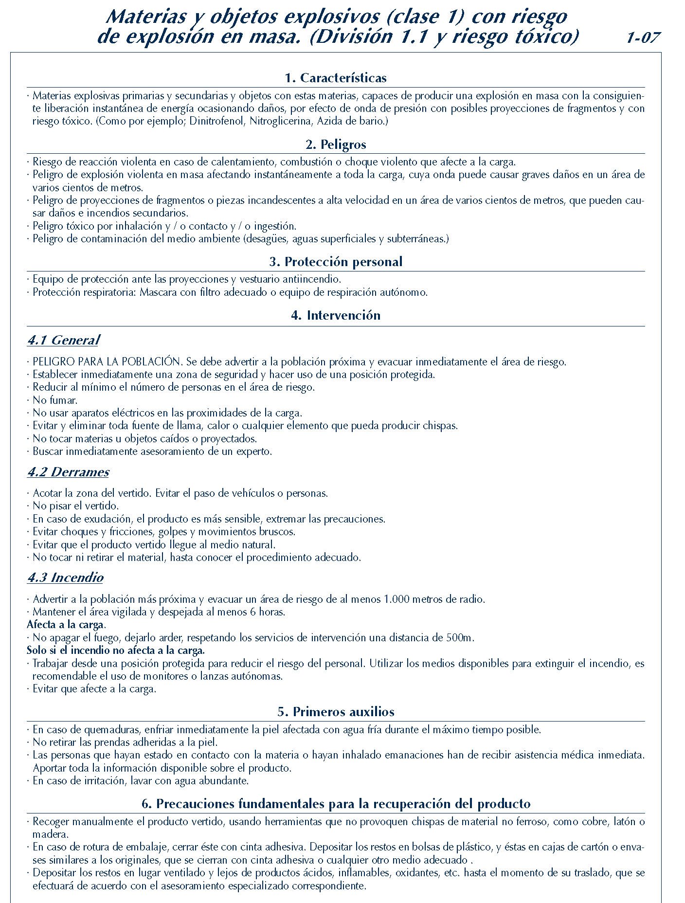 MERCANCIAS PELIGROSAS 093 FICHA 1-07 CLASE 1 DIVISION 1.1 TOXICO FICHAS EMERGENCIA 2004