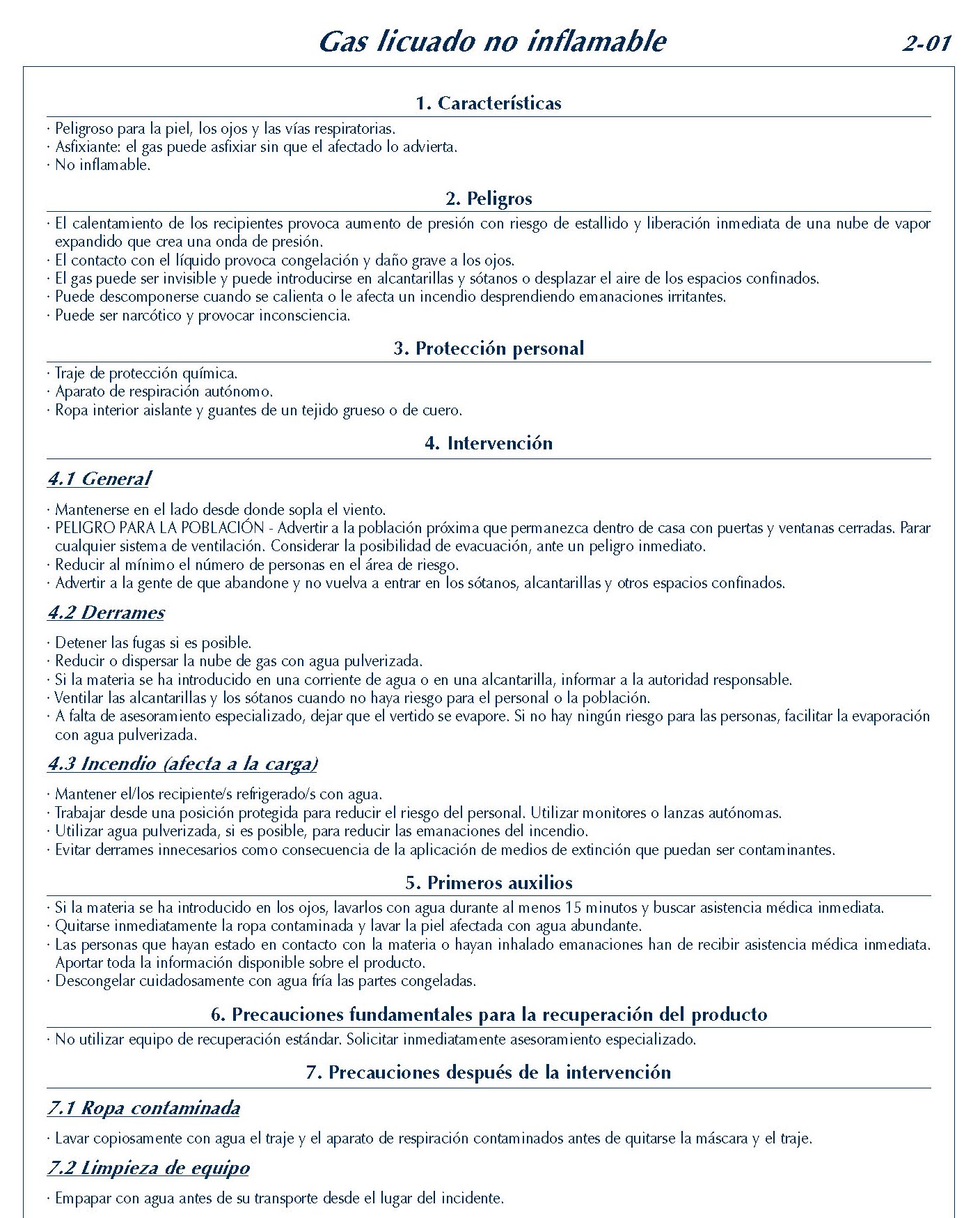 MERCANCIAS PELIGROSAS 101 FICHA 2-01 GAS LICUADO NO INFLAMABLE FICHAS EMERGENCIA 2004