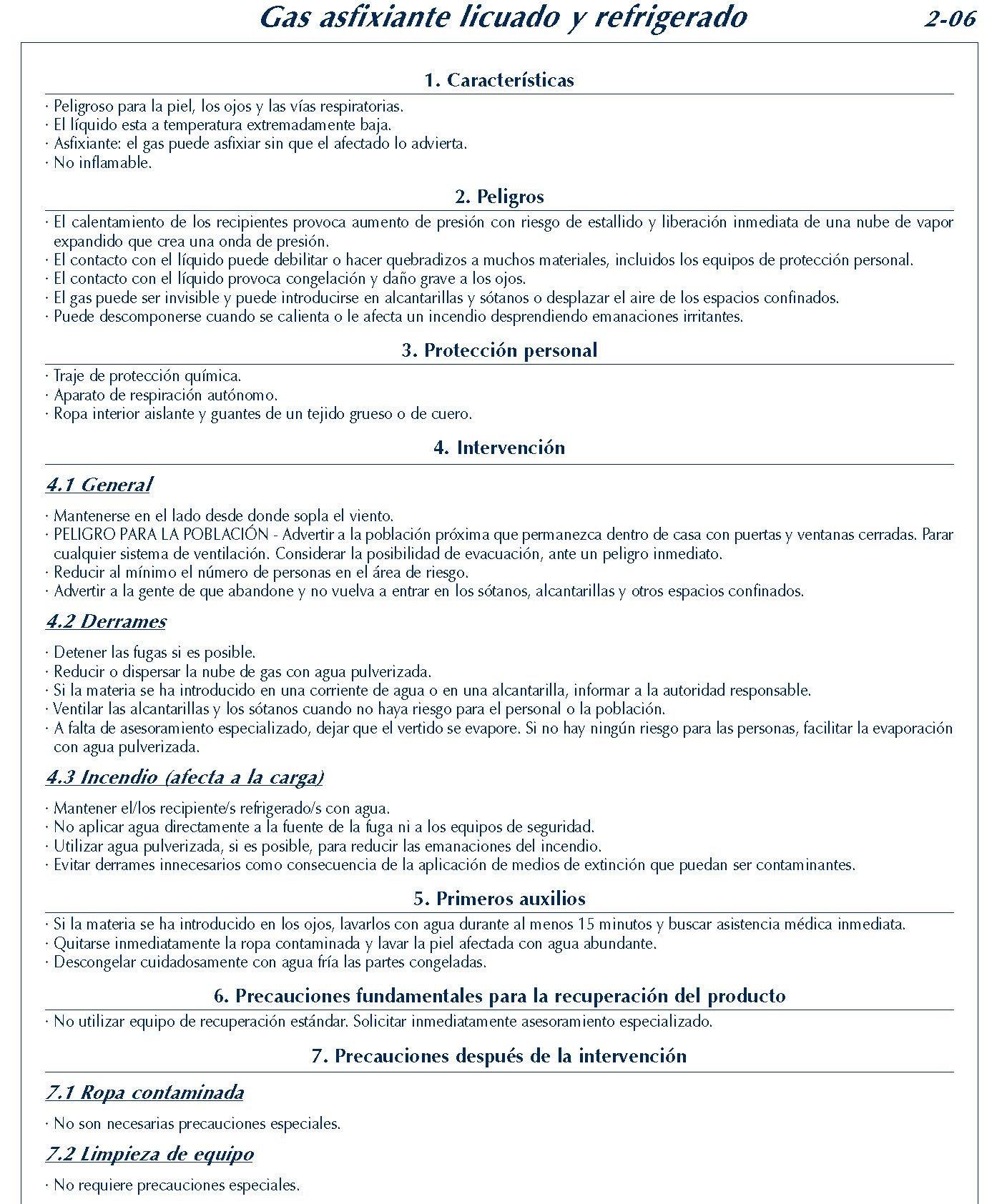 MERCANCIAS PELIGROSAS 105 FICHA 2-06 GAS ASFIXIANTE LICUADO REFRIGERADO FICHAS EMERGENCIA 2004