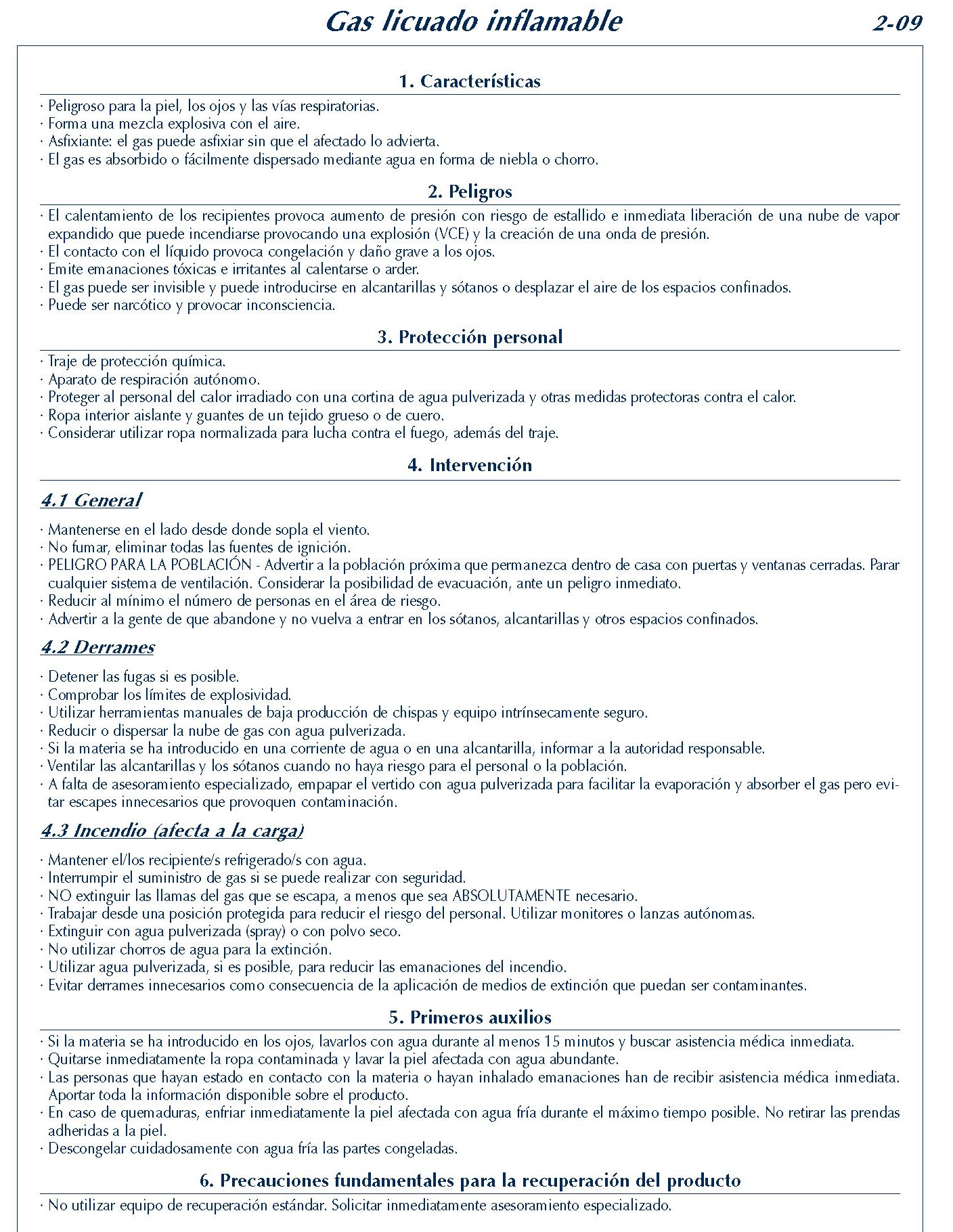 MERCANCIAS PELIGROSAS 109 FICHA 2-09 GAS LICUADO INFLAMABLE FICHAS EMERGENCIA 2004