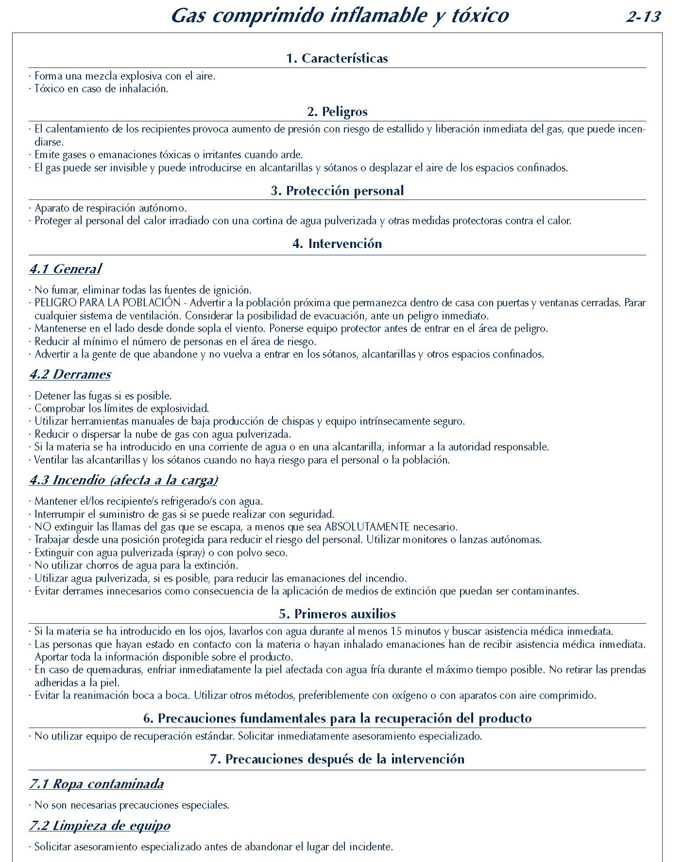 MERCANCIAS PELIGROSAS 115 FICHA 2-13 GAS COMPRIMIDO INFLAMABLE TOXICO FICHAS EMERGENCIA 2004