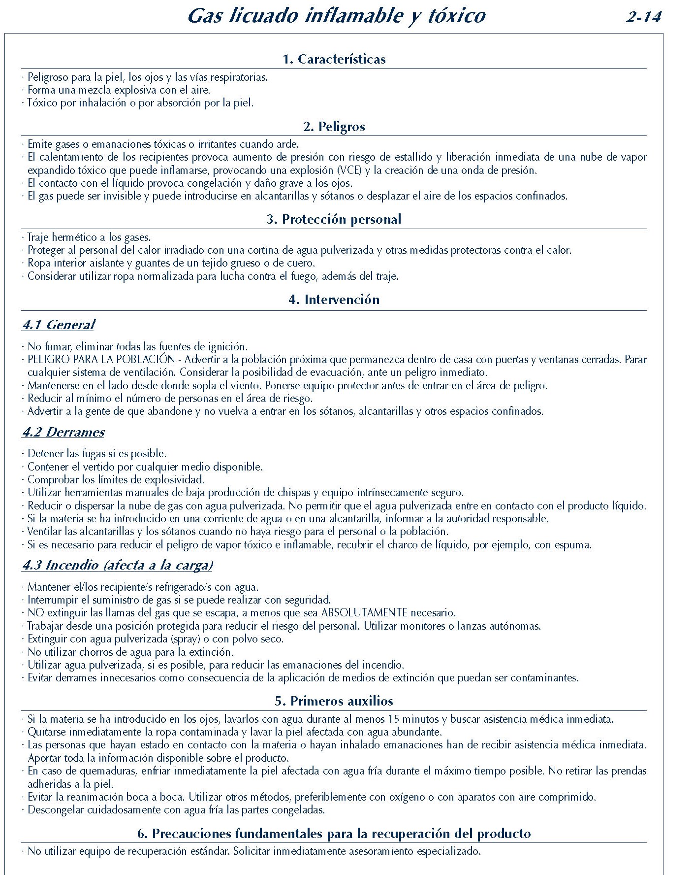 MERCANCIAS PELIGROSAS 116 FICHA 2-14 GAS LICUADO INFLAMABLE TOXICO FICHAS EMERGENCIA 2004