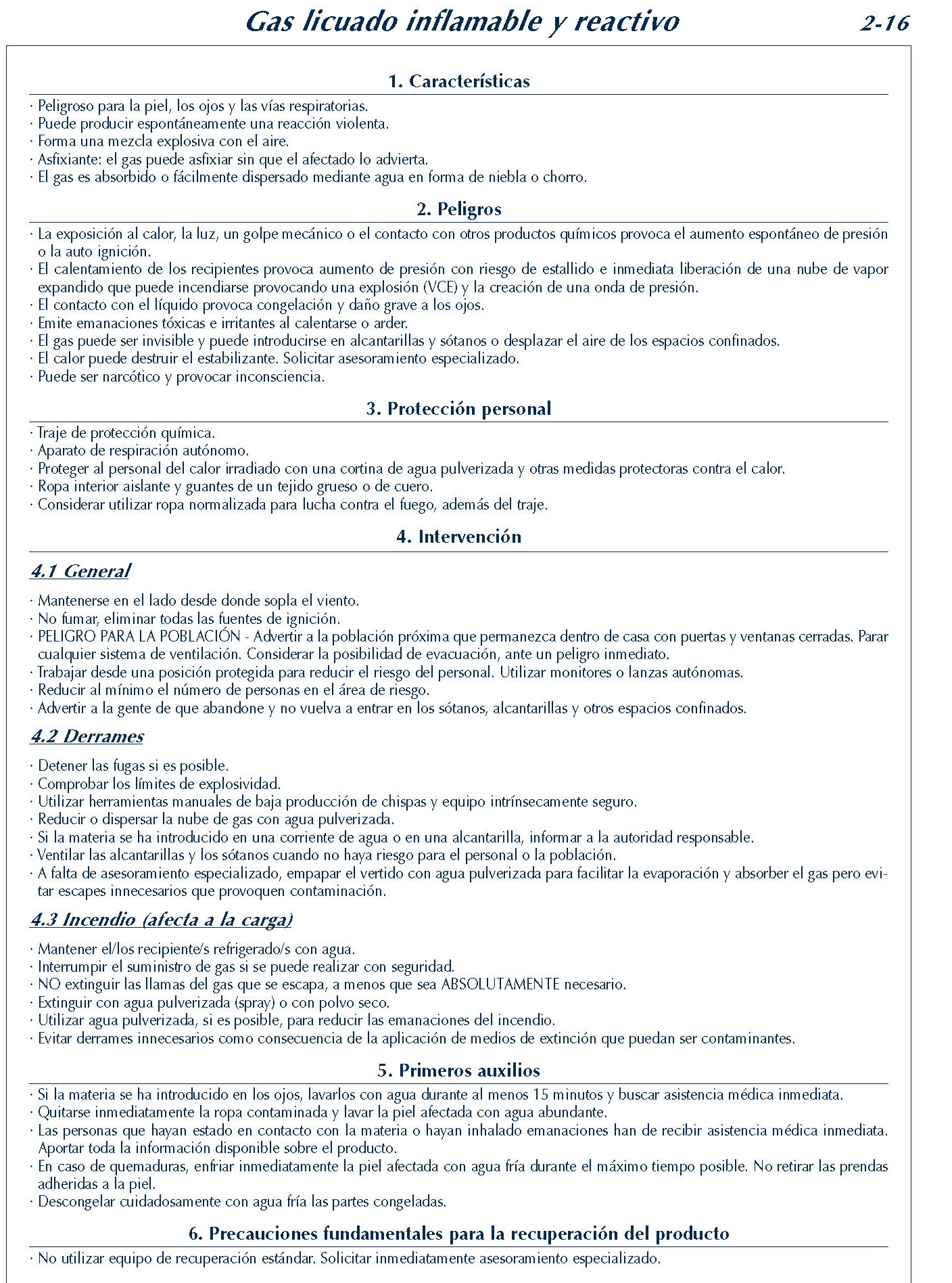 MERCANCIAS PELIGROSAS 120 FICHA 2-16 GAS LICUADO INFLAMABLE REACTIVO FICHAS EMERGENCIA 2004