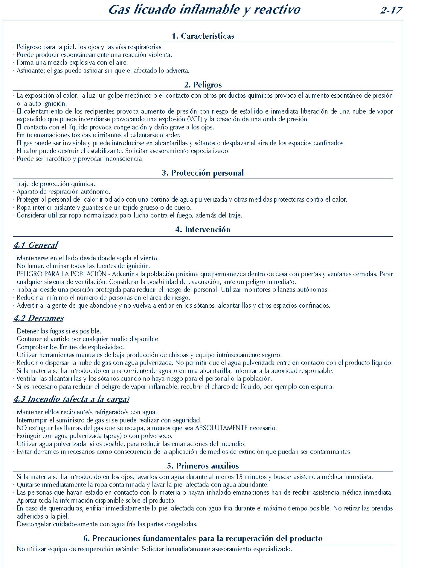 MERCANCIAS PELIGROSAS 122 FICHA 2-17 GAS LICUADO INFLAMABLE REACTIVO FICHAS EMERGENCIA 2004