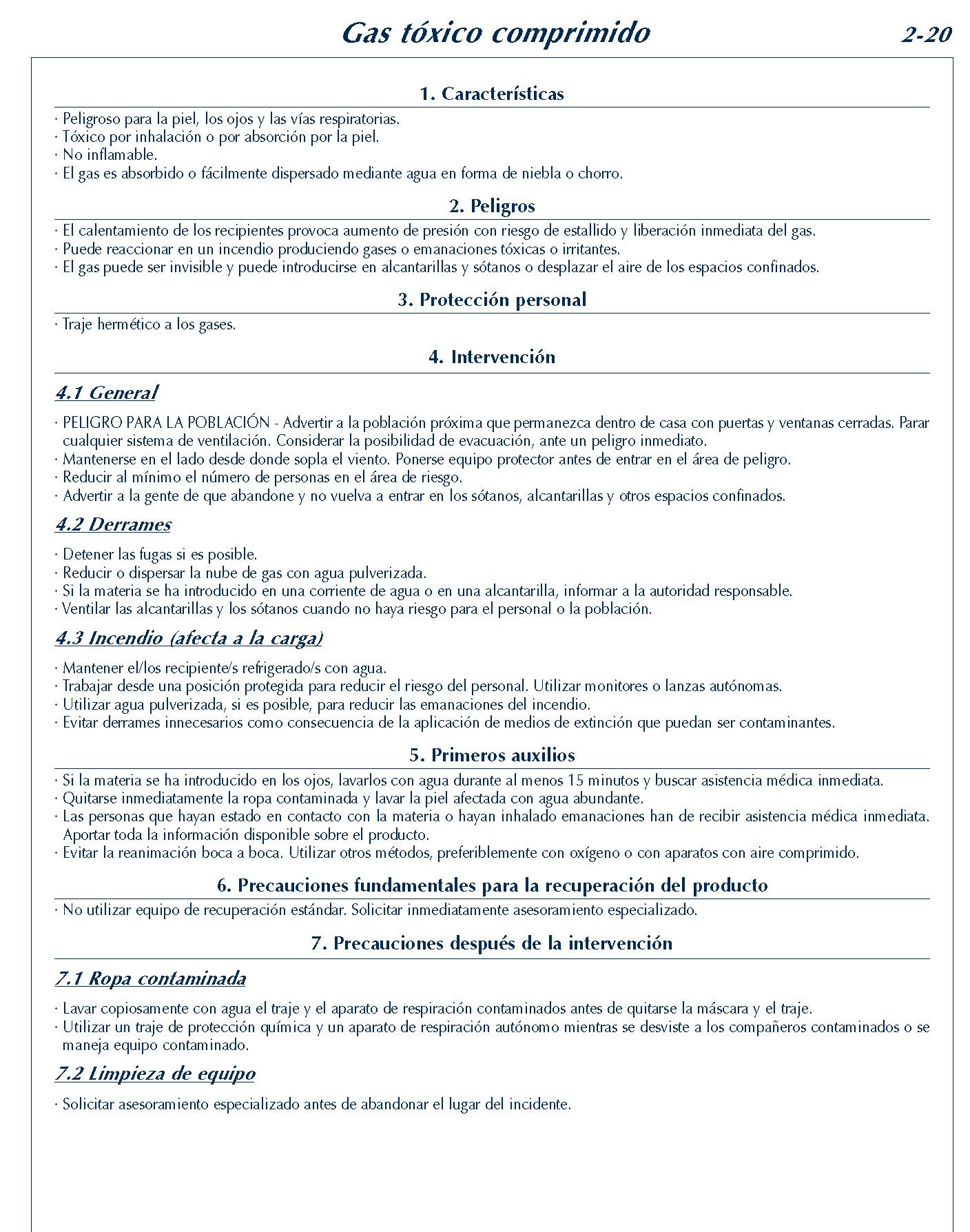 MERCANCIAS PELIGROSAS 125 FICHA 2-20 GAS TOXICO COMPRIMIDO FICHAS EMERGENCIA 2004