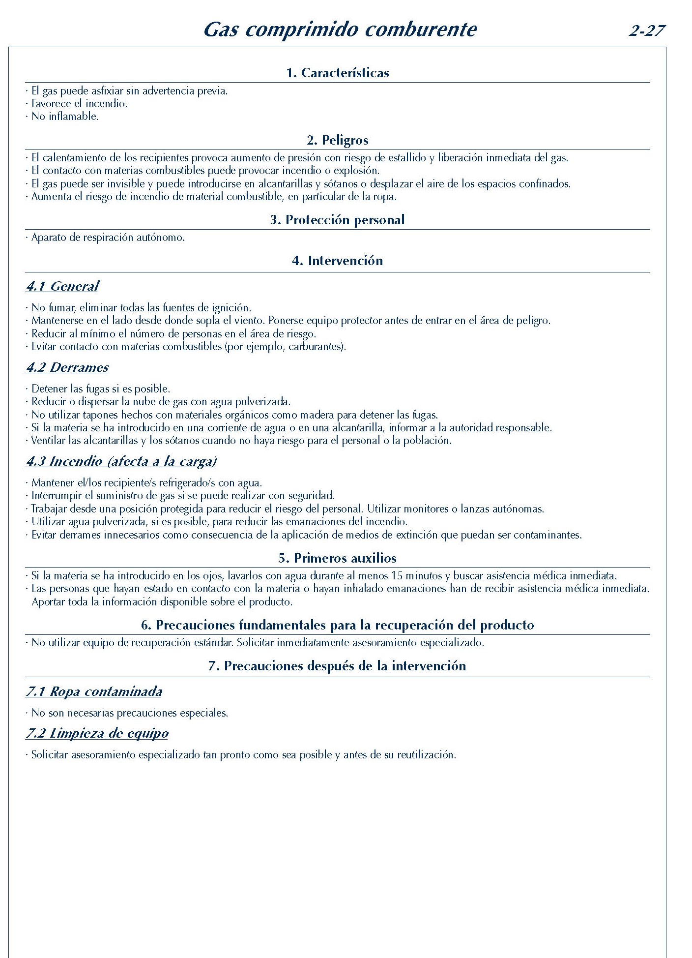 MERCANCIAS PELIGROSAS 128 FICHA 2-27 GAS COMPRIMIDO COMBURENTE FICHAS EMERGENCIA 2004