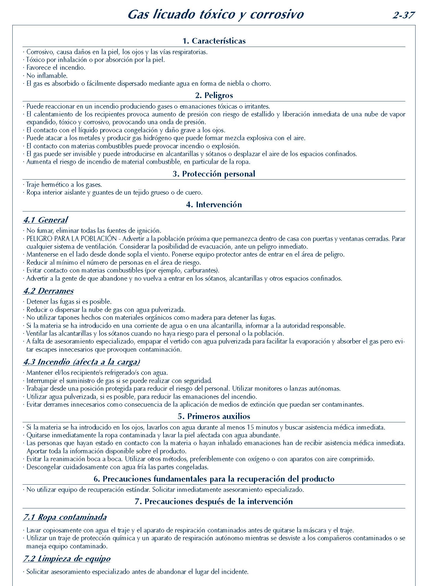 MERCANCIAS PELIGROSAS 138 FICHA 2-37 GAS LICUADO TOXICO CORROSIVO FICHAS EMERGENCIA 2004