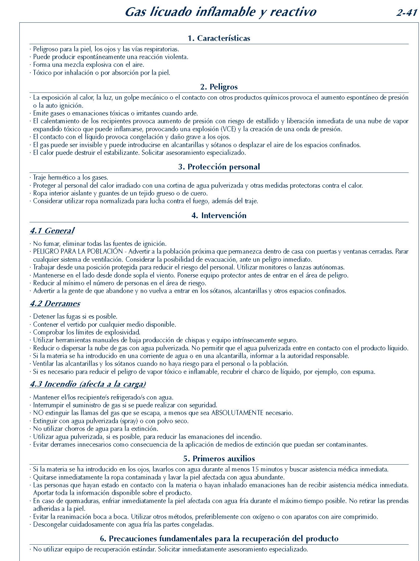 MERCANCIAS PELIGROSAS 143 FICHA 2-41 GAS LICUADO INFLAMABLE REACTIVO FICHAS EMERGENCIA 2004