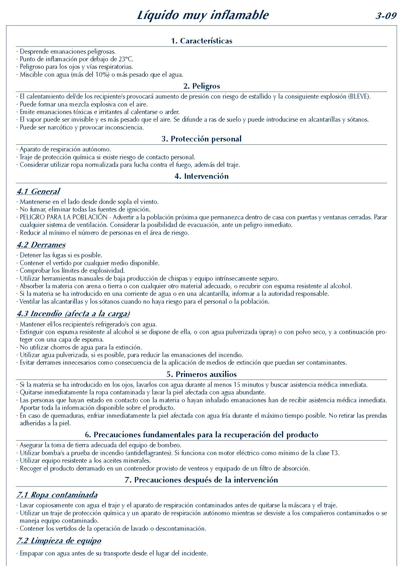 MERCANCIAS PELIGROSAS 154 FICHA 3-09 LIQUIDO MUY INFLAMABLE FICHAS EMERGENCIA 2004