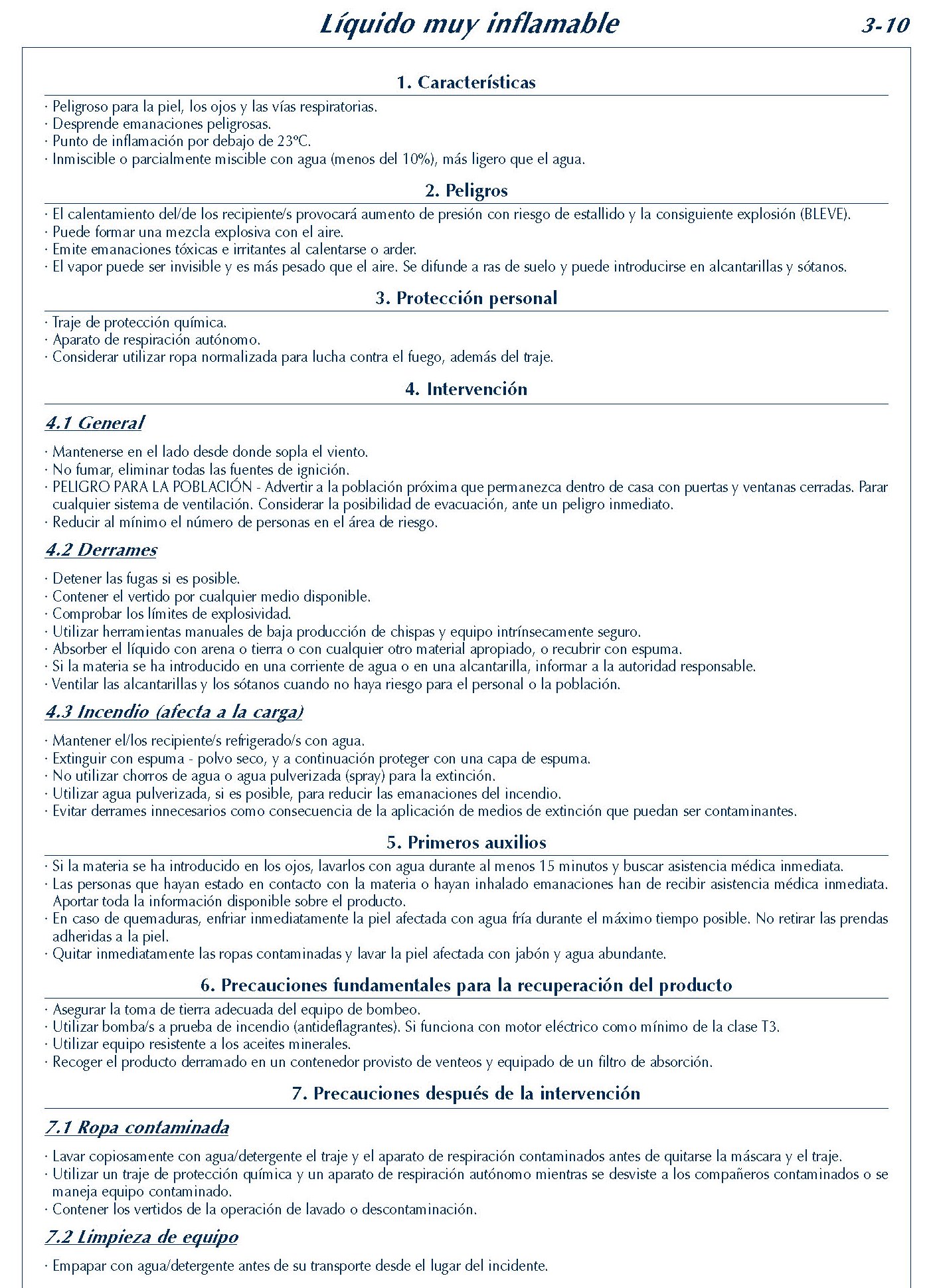 MERCANCIAS PELIGROSAS 155 FICHA 3-10 LIQUIDO MUY INFLAMABLE FICHAS EMERGENCIA 2004