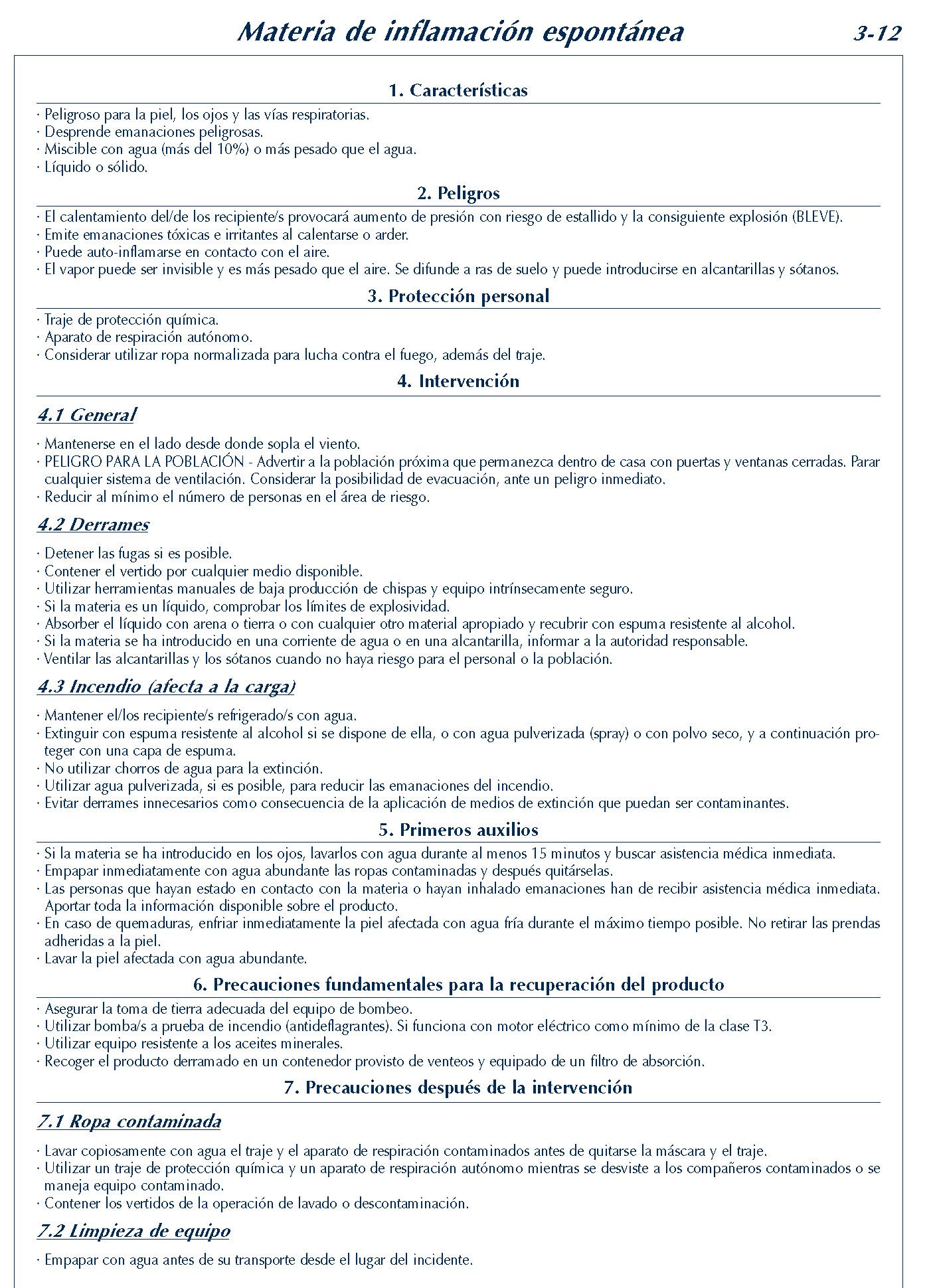 MERCANCIAS PELIGROSAS 157 FICHA 3-12 MATERIA INFLAMACION ESPONTANEA FICHAS EMERGENCIA 2004