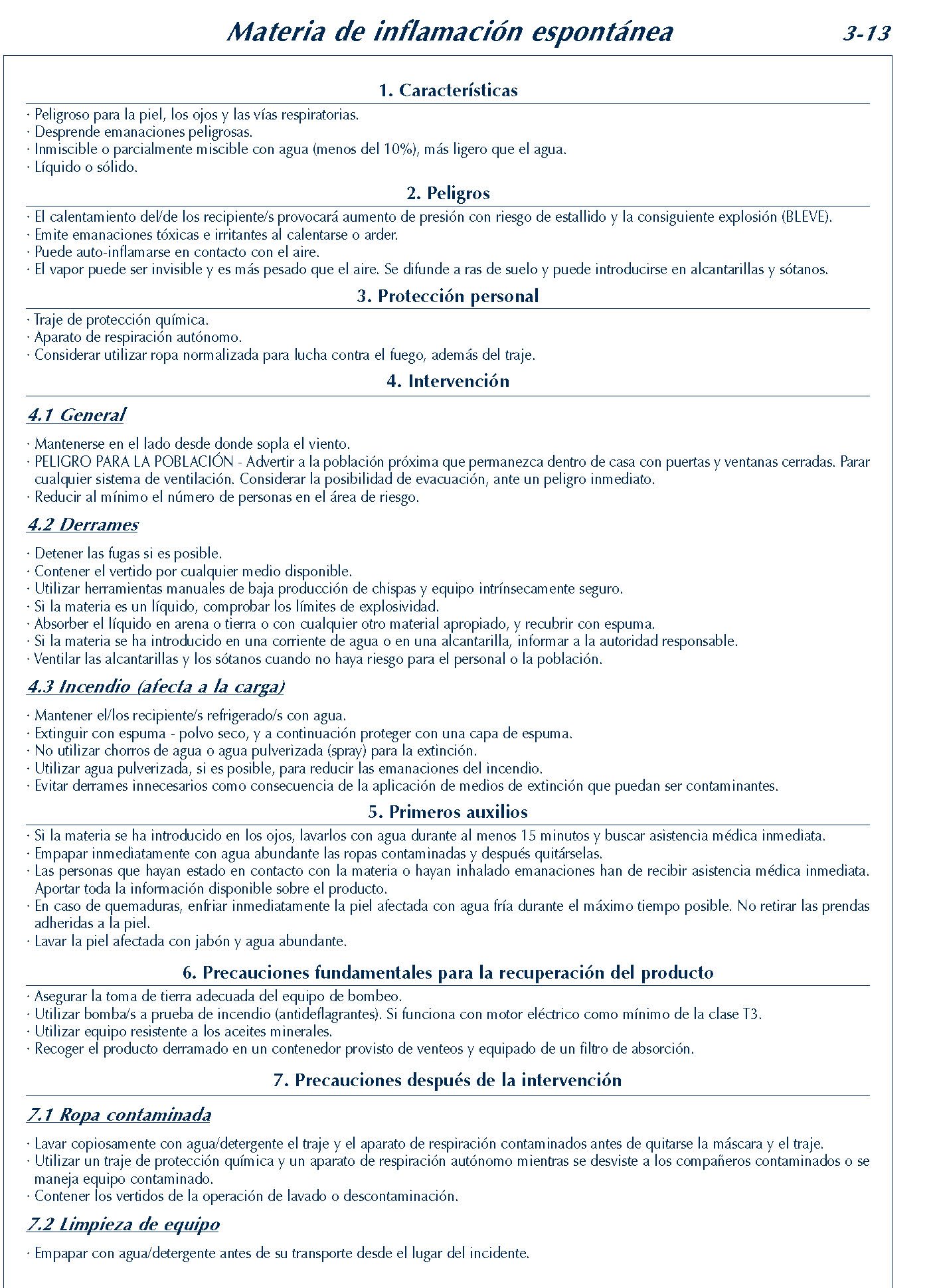 MERCANCIAS PELIGROSAS 158 FICHA 3-13 MATERIA INFLAMACION ESPONTANEA FICHAS EMERGENCIA 2004