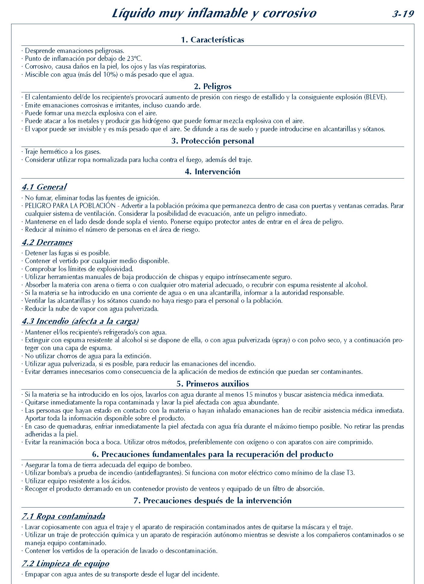 MERCANCIAS PELIGROSAS 164 FICHA 3-19 LIQUIDO MUY INFLAMABLE CORROSIVO FICHAS EMERGENCIA 2004