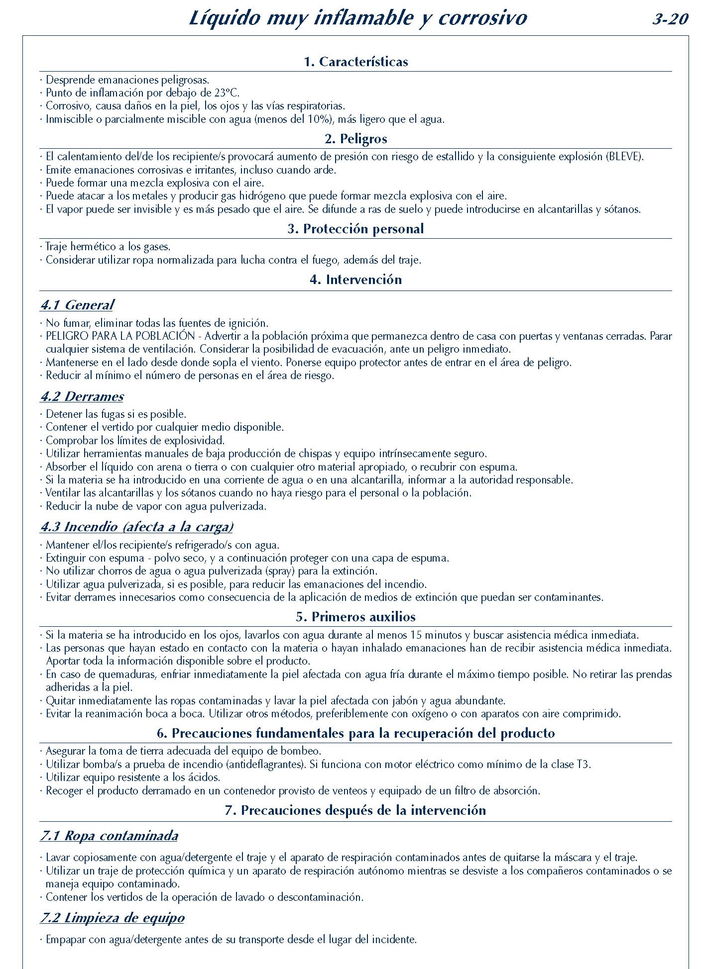 MERCANCIAS PELIGROSAS 165 FICHA 3-20 LIQUIDO MUY INFLAMABLE CORROSIVO FICHAS EMERGENCIA 2004