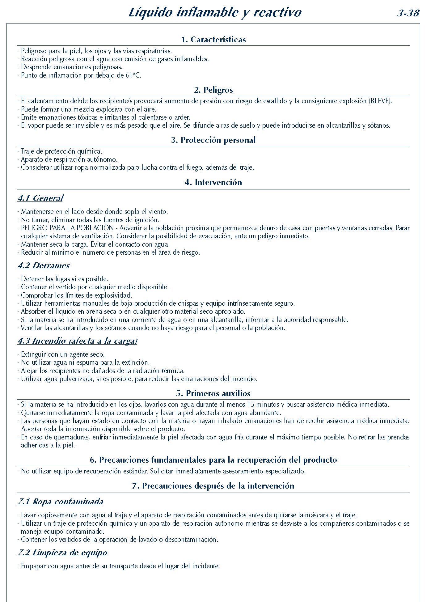 MERCANCIAS PELIGROSAS 183 FICHA 3-38 LIQUIDO INFLAMABLE REACTIVO FICHAS EMERGENCIA 2004