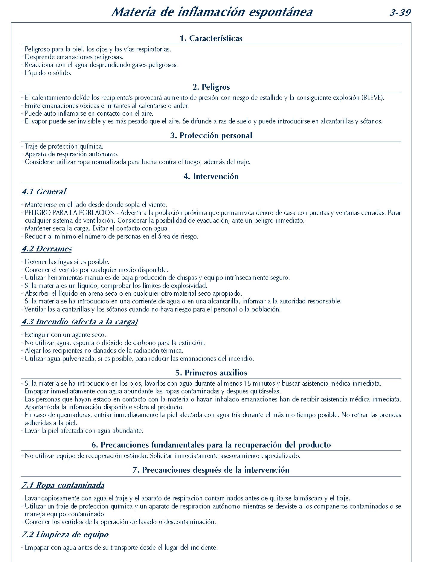 MERCANCIAS PELIGROSAS 184 FICHA 3-39 MATERIA INFLAMACION ESPONTANEA FICHAS EMERGENCIA 2004