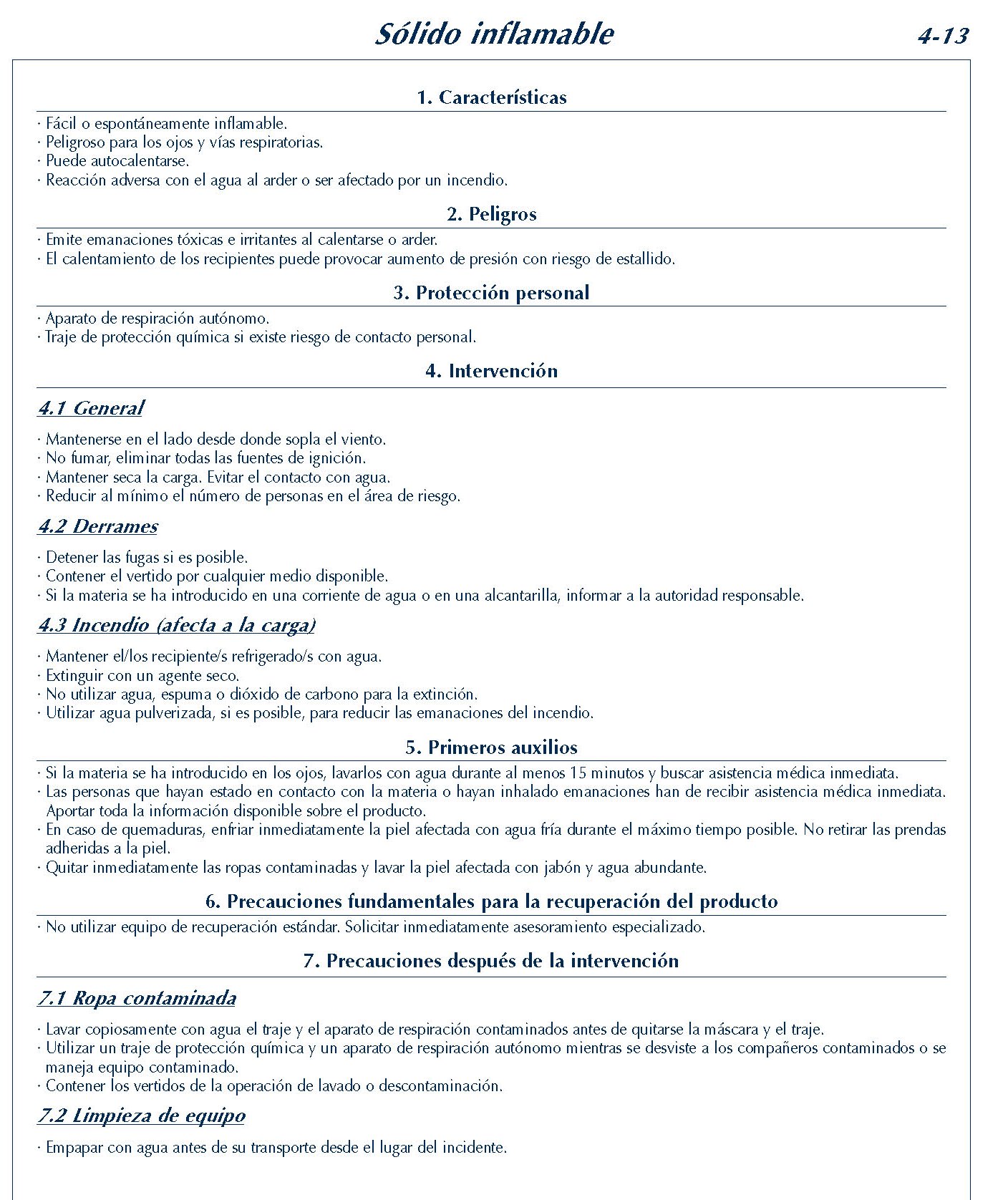 MERCANCIAS PELIGROSAS 197  FICHA 4-13 SOLIDO INFLAMABLE FICHAS EMERGENCIA 2004