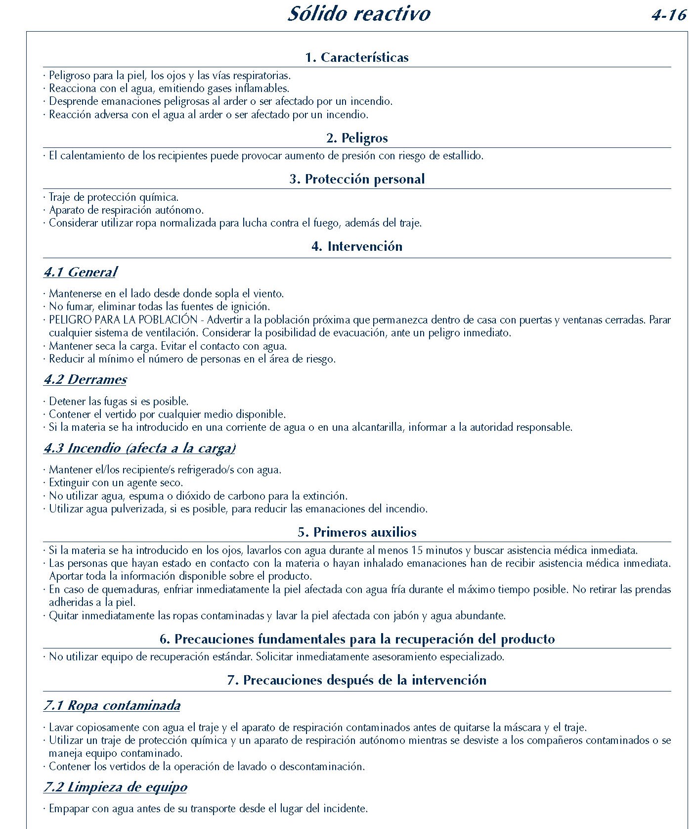 MERCANCIAS PELIGROSAS 200 FICHA 4-16 SOLIDO REACTIVO FICHAS EMERGENCIA 2004