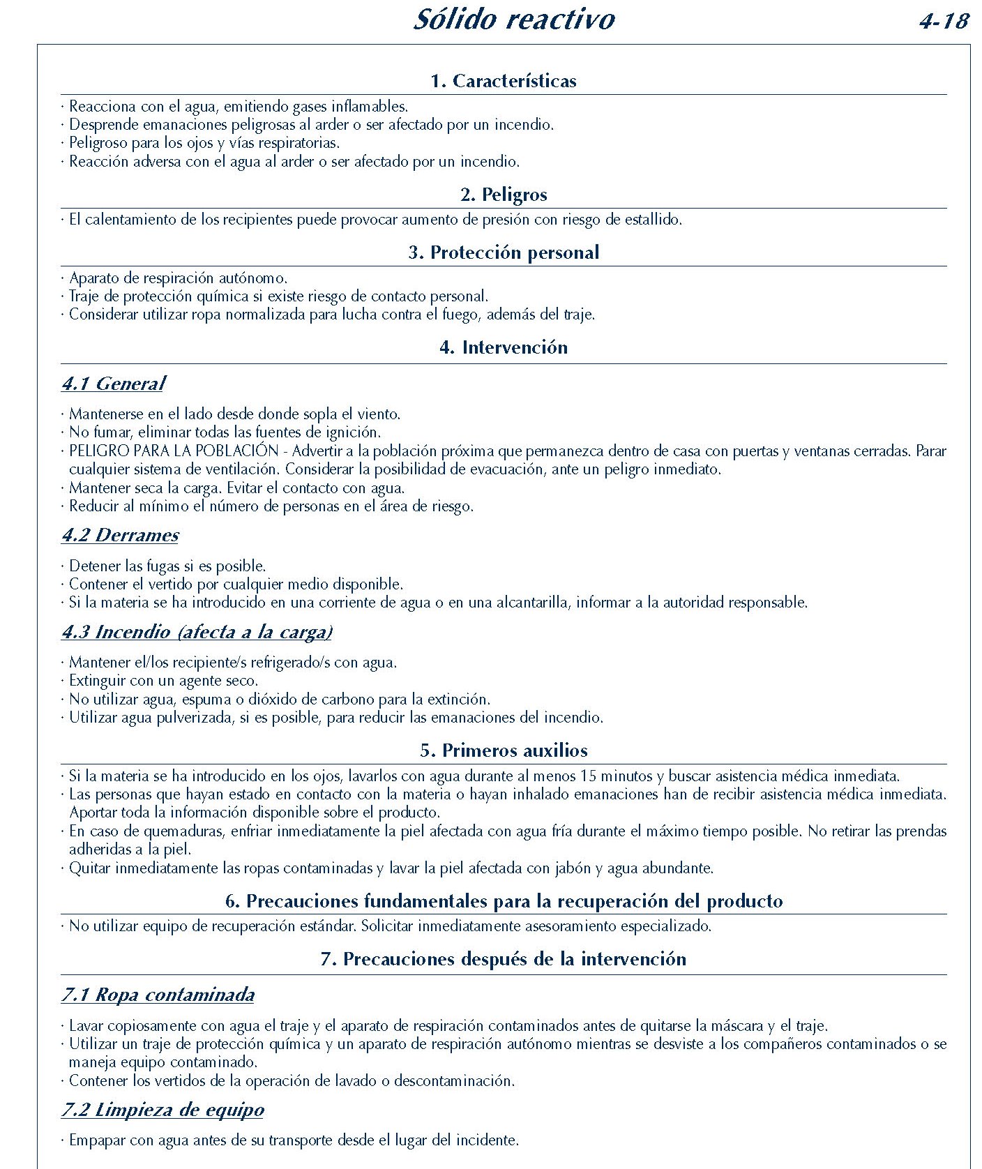 MERCANCIAS PELIGROSAS 202 FICHA 4-18 SOLIDO REACTIVO FICHAS EMERGENCIA 2004