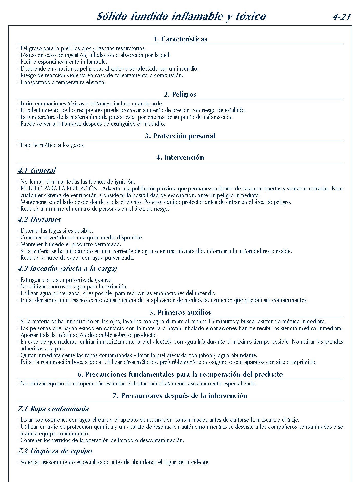 MERCANCIAS PELIGROSAS 205 FICHA 4-21 SOLIDO FUNDIDO INFLAMABLE TOXICO FICHAS EMERGENCIA 2004