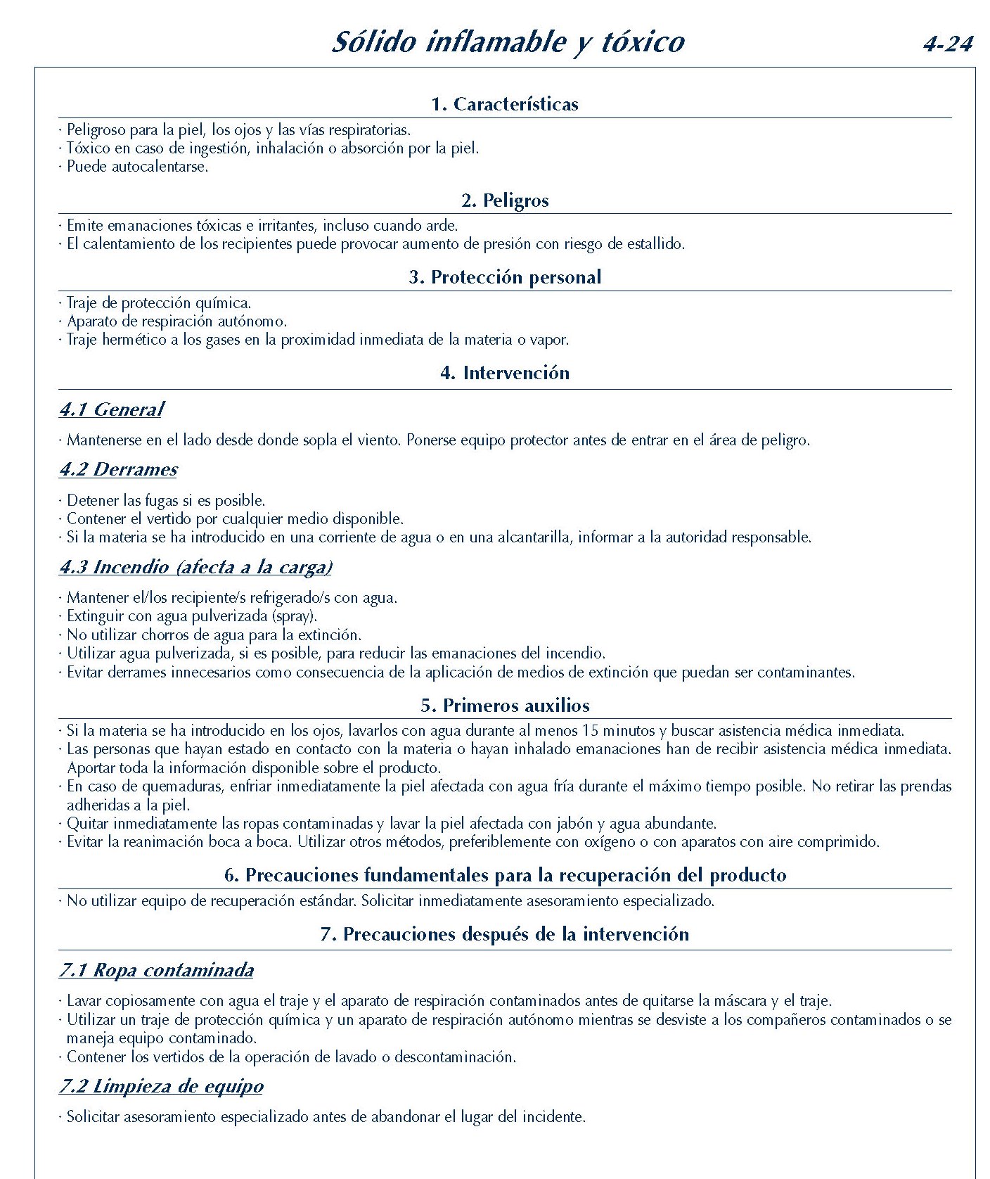 MERCANCIAS PELIGROSAS 207 FICHA 4-24 SOLIDO  INFLAMABLE TOXICO FICHAS EMERGENCIA 2004