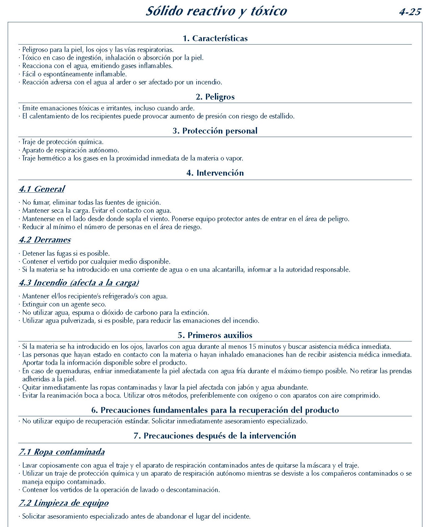 MERCANCIAS PELIGROSAS 208 FICHA 4-25 SOLIDO  REACTIVO TOXICO FICHAS EMERGENCIA 2004
