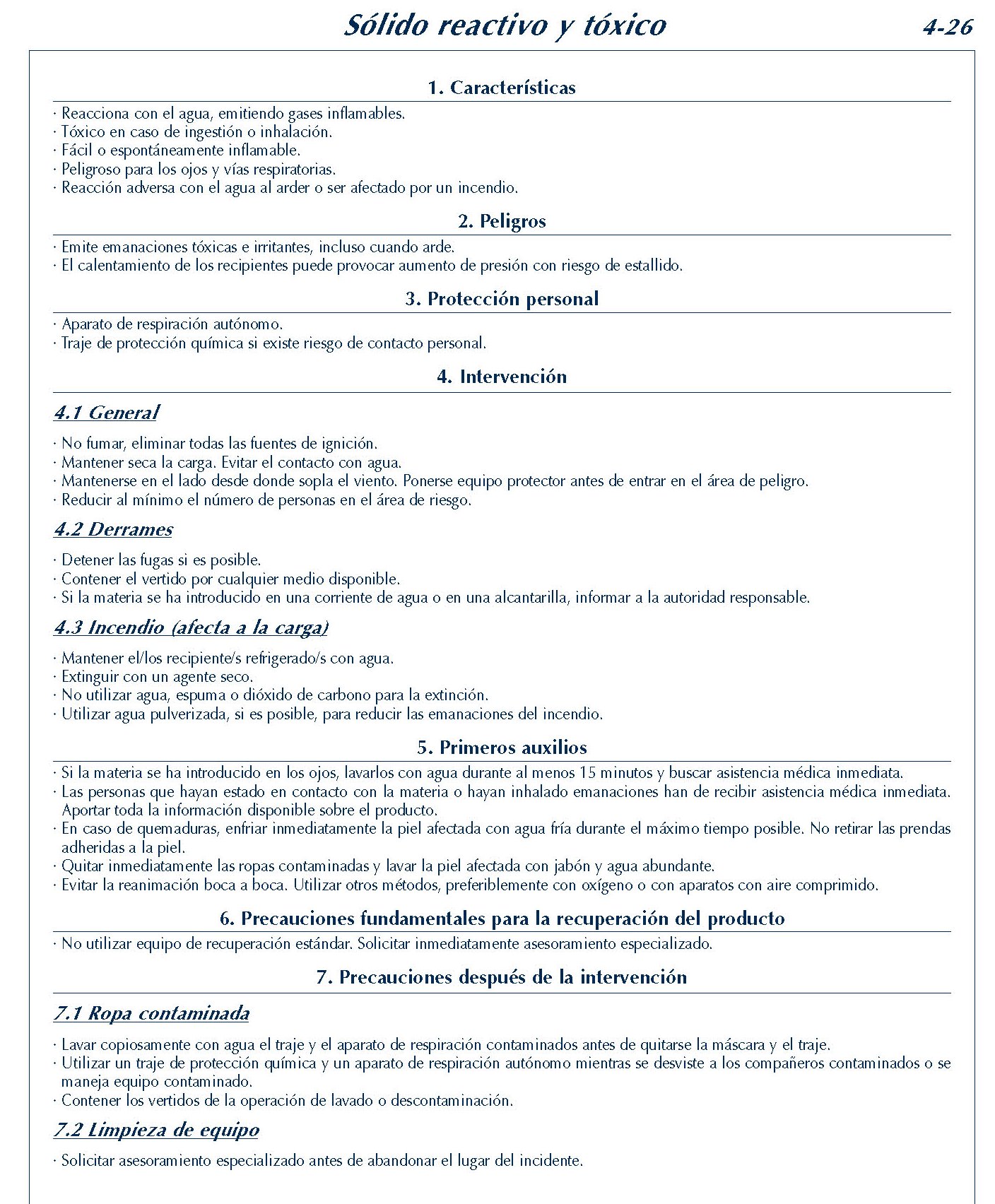 MERCANCIAS PELIGROSAS 209 FICHA 4-26 SOLIDO  REACTIVO TOXICO FICHAS EMERGENCIA 2004
