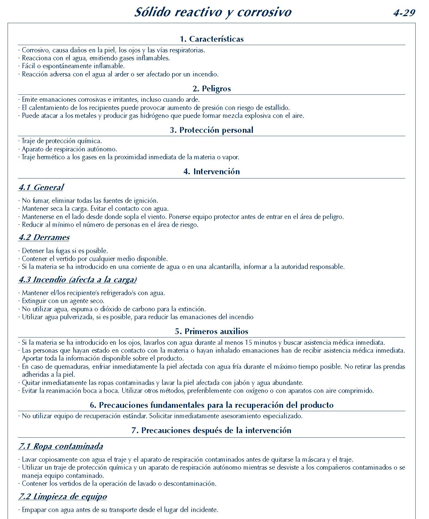 MERCANCIAS PELIGROSAS 212 FICHA 4-29 SOLIDO REACTIVO CORROSIVO FICHAS EMERGENCIA 2004