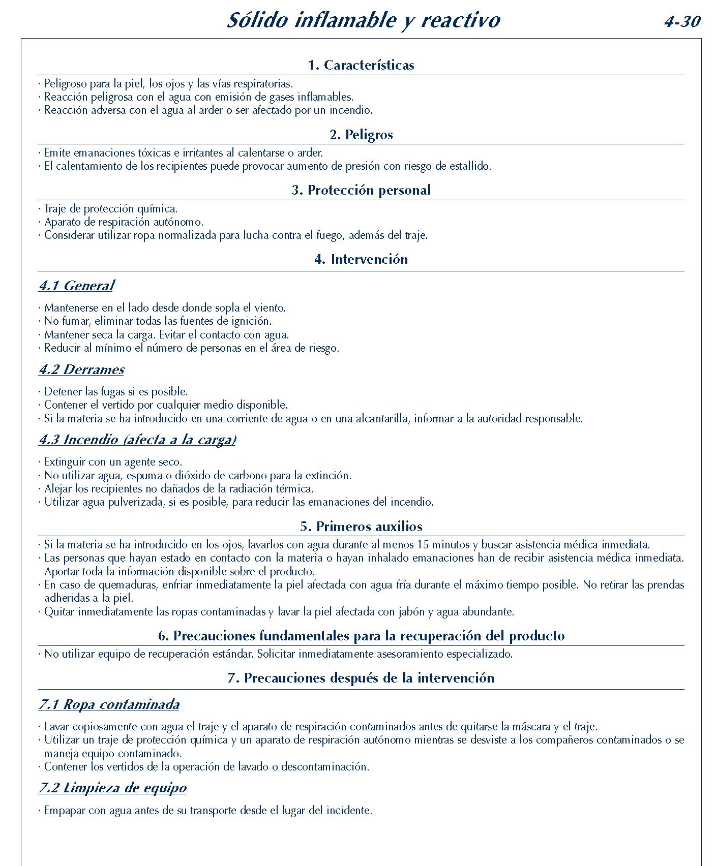 MERCANCIAS PELIGROSAS 213 FICHA 4-30 SOLIDO INFLAMABLE REACTIVO FICHAS EMERGENCIA 2004