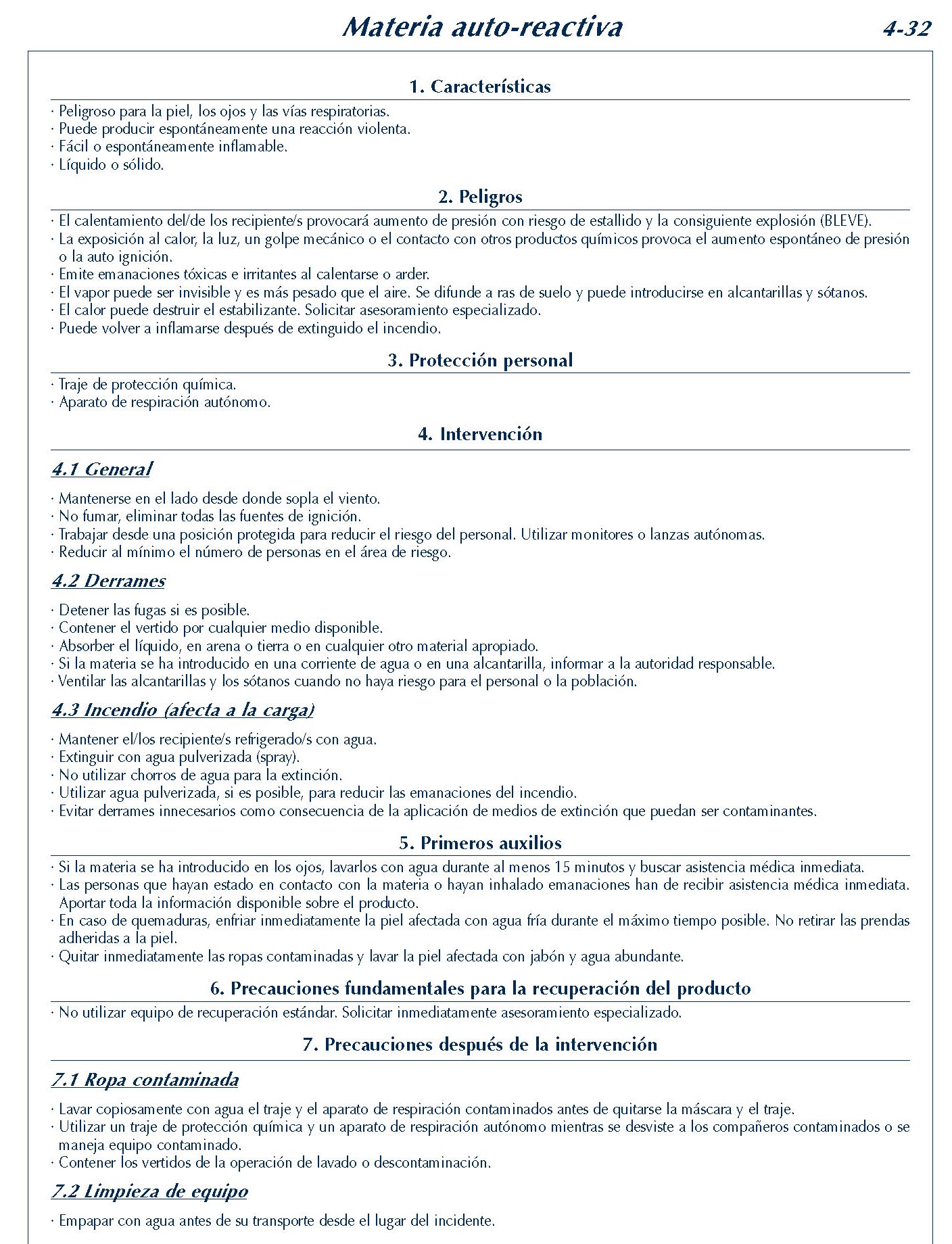 MERCANCIAS PELIGROSAS 215 FICHA 4-32 MATERIA AUTOREACTIVA FICHAS EMERGENCIA 2004