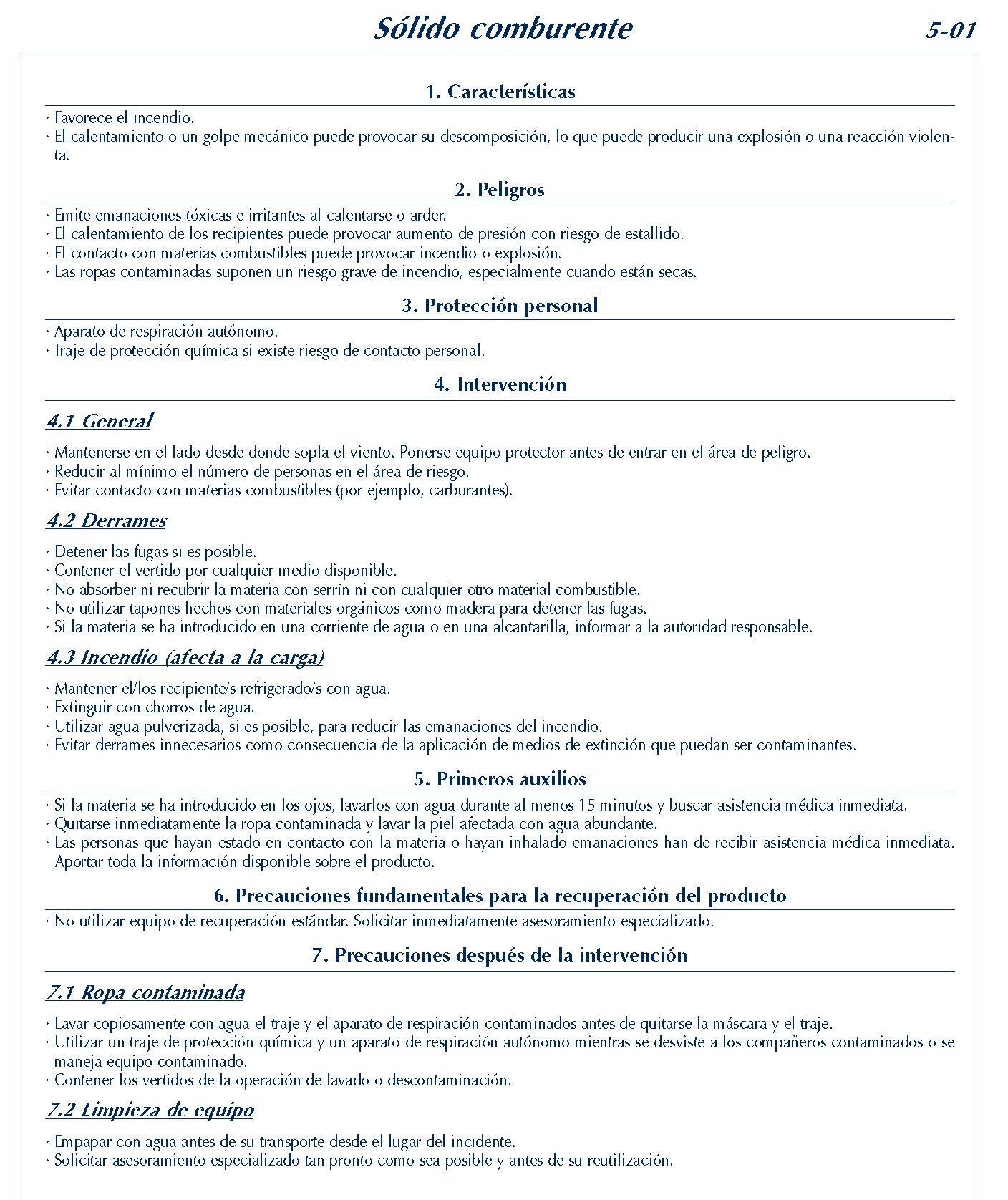 MERCANCIAS PELIGROSAS 216 FICHA 5-01 SOLIDO COMBURENTE FICHAS EMERGENCIA 2004