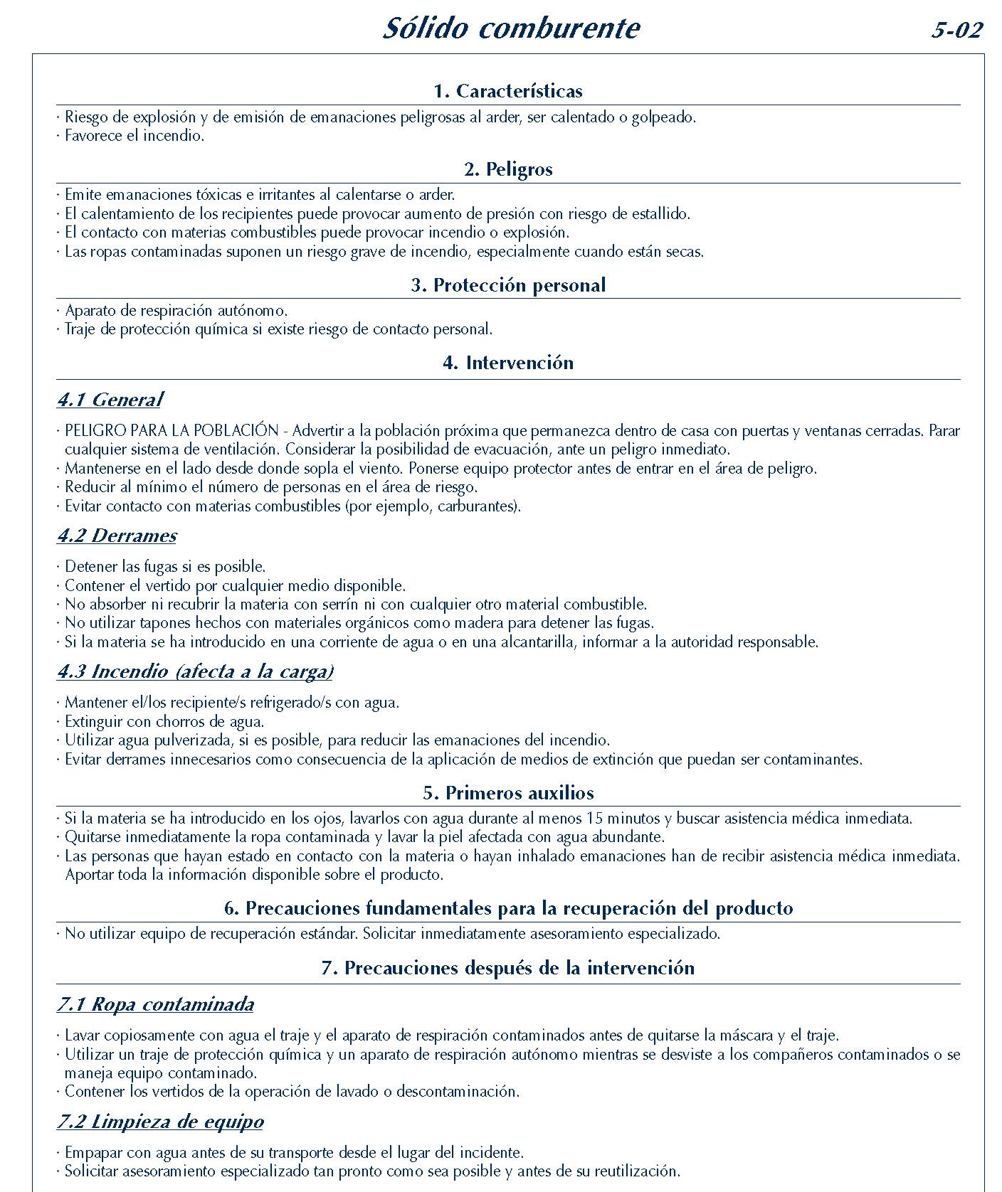 MERCANCIAS PELIGROSAS 217 FICHA 5-02 SOLIDO COMBURENTE FICHAS EMERGENCIA 2004