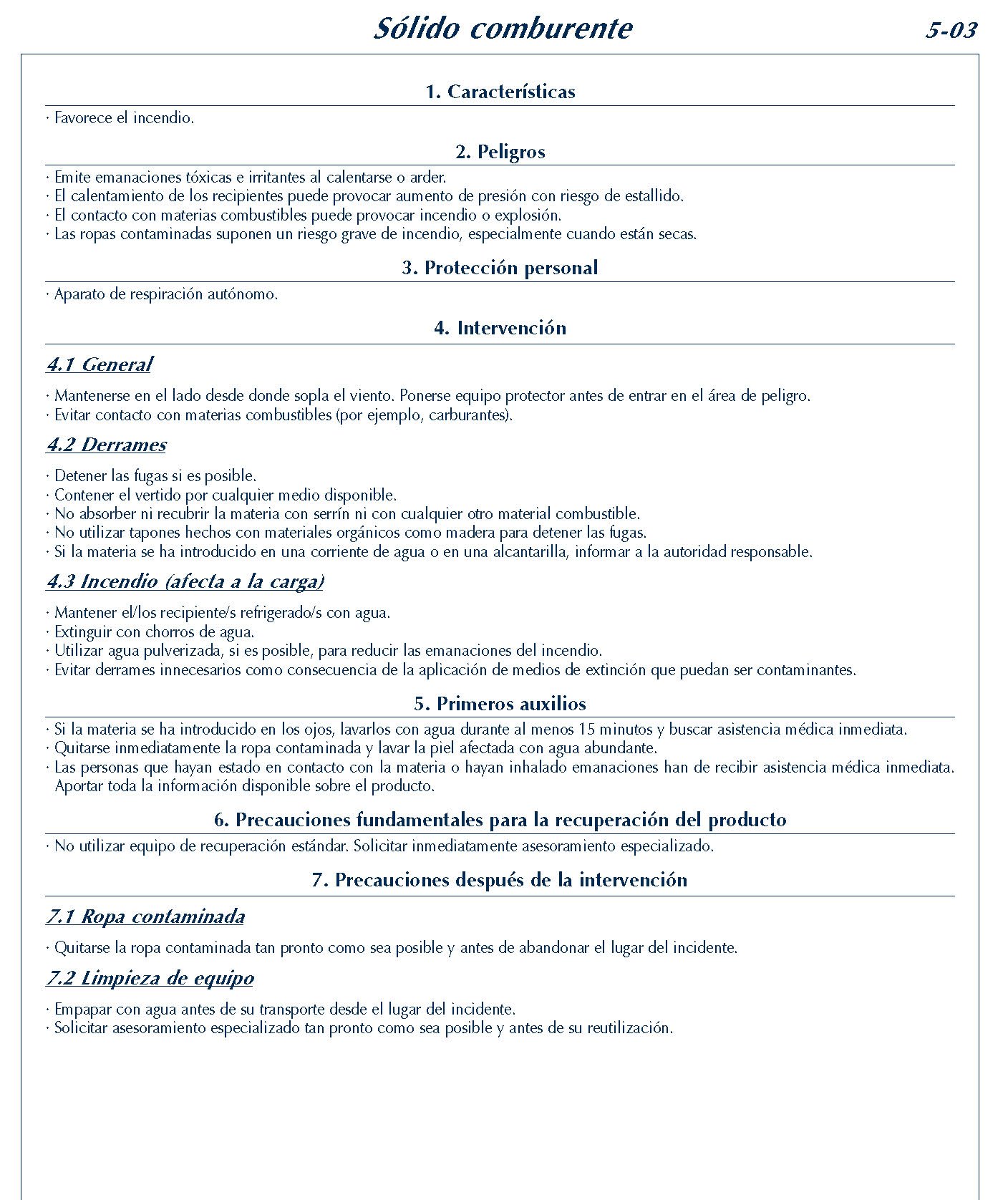 MERCANCIAS PELIGROSAS 218 FICHA 5-03 SOLIDO COMBURENTE FICHAS EMERGENCIA 2004