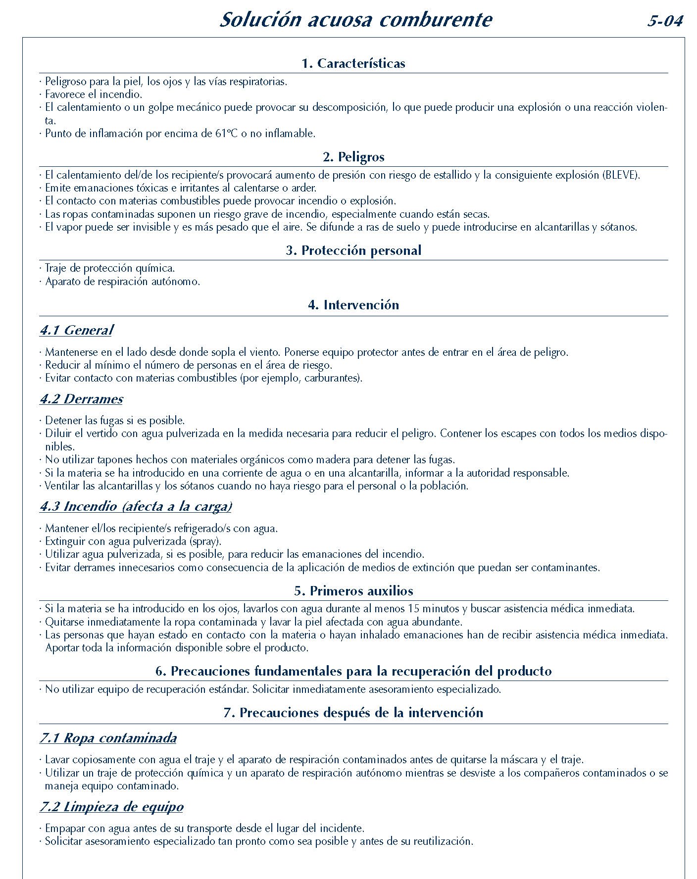 MERCANCIAS PELIGROSAS 219 FICHA 5-04 SOLUCION ACUOSA COMBURENTE FICHAS EMERGENCIA 2004