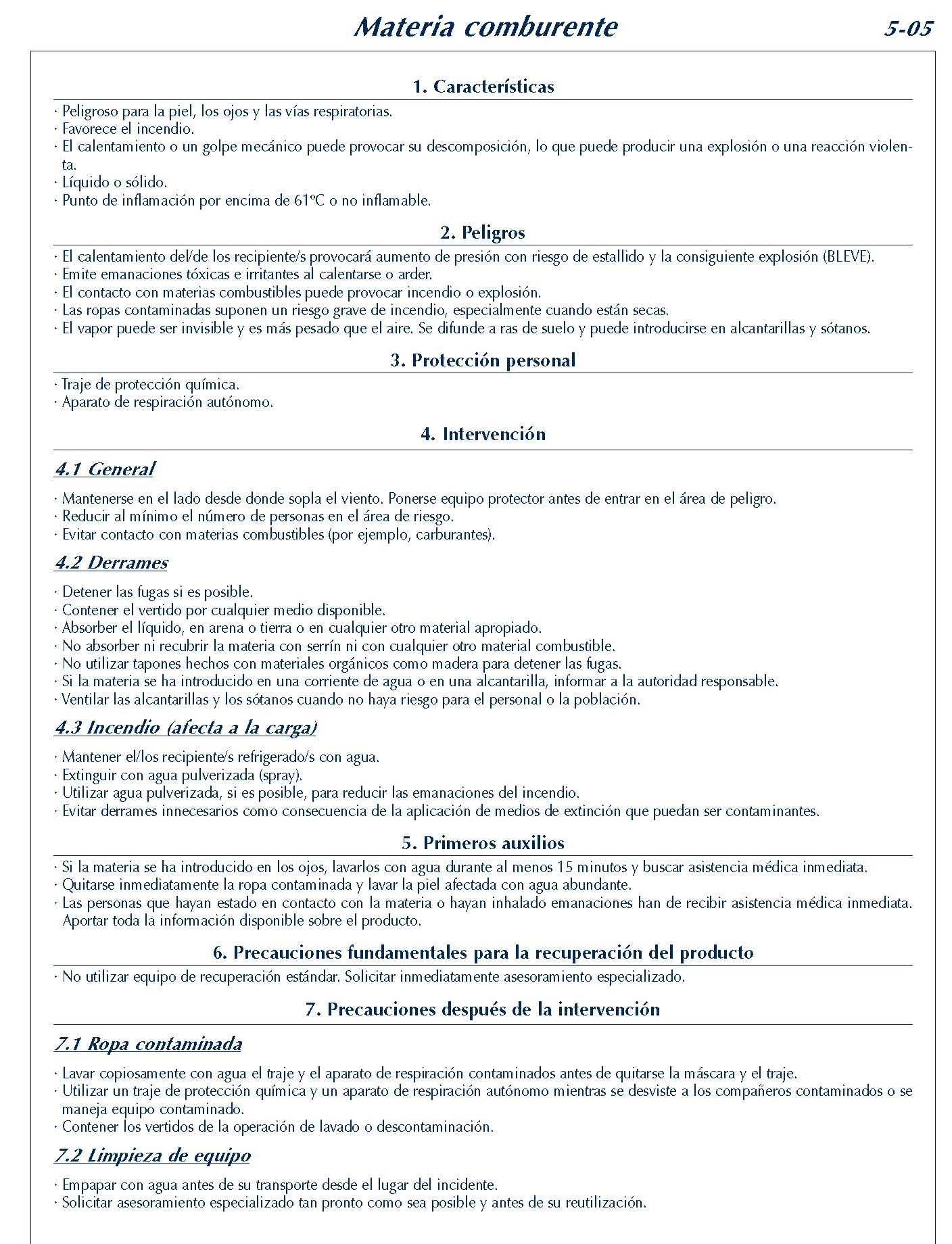 MERCANCIAS PELIGROSAS 220 FICHA 5-05 MATERIA COMBURENTE FICHAS EMERGENCIA 2004