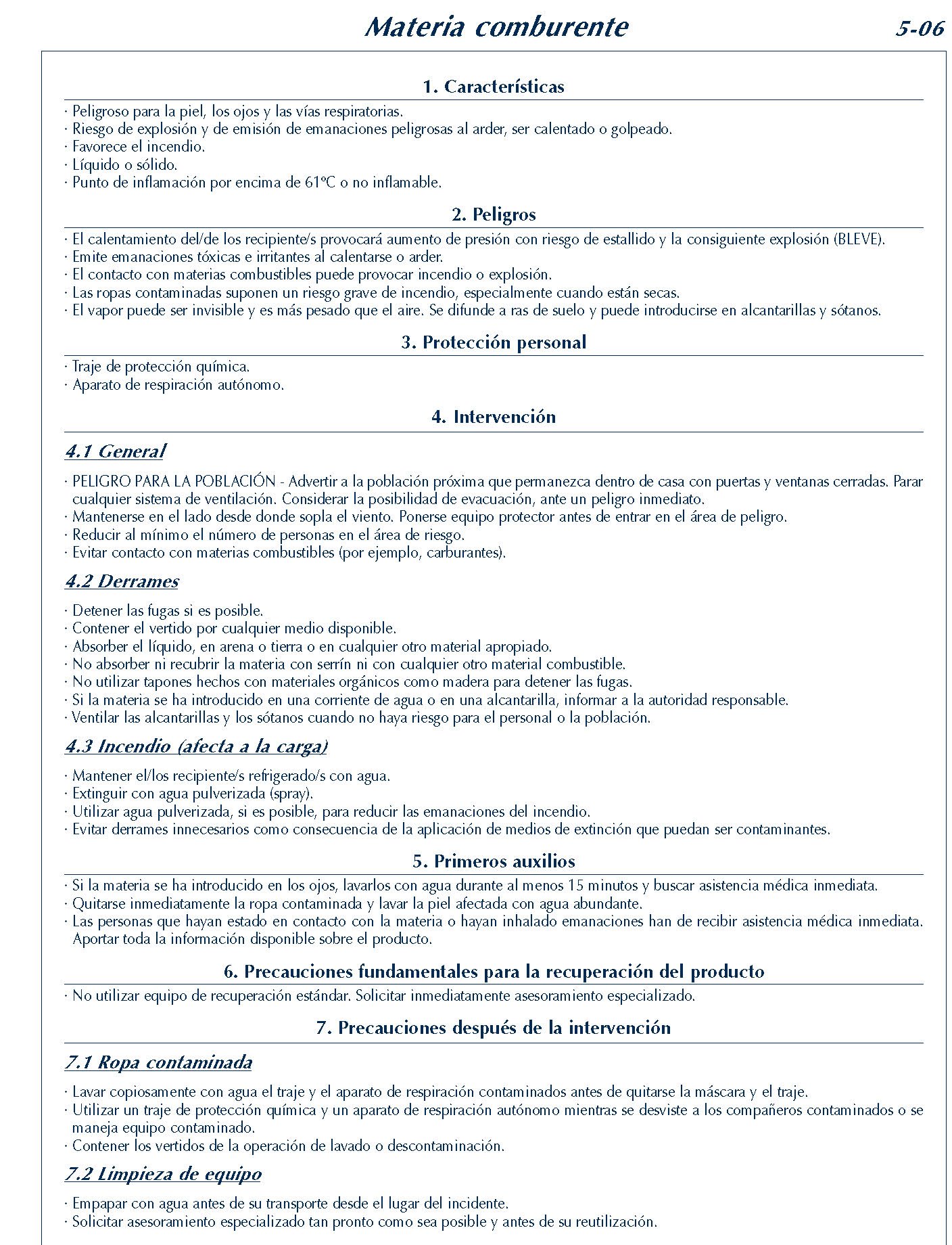 MERCANCIAS PELIGROSAS 221 FICHA 5-06 MATERIA COMBURENTE FICHAS EMERGENCIA 2004