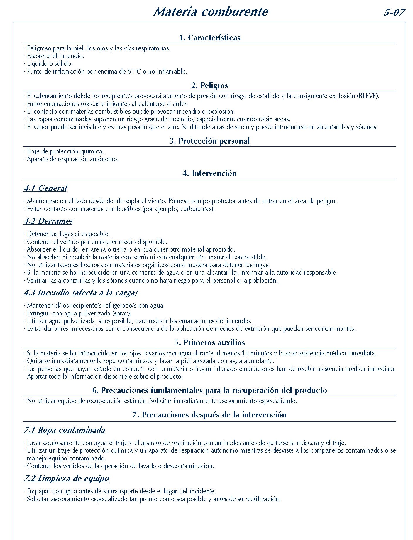 MERCANCIAS PELIGROSAS 222 FICHA 5-07 MATERIA COMBURENTE FICHAS EMERGENCIA 2004