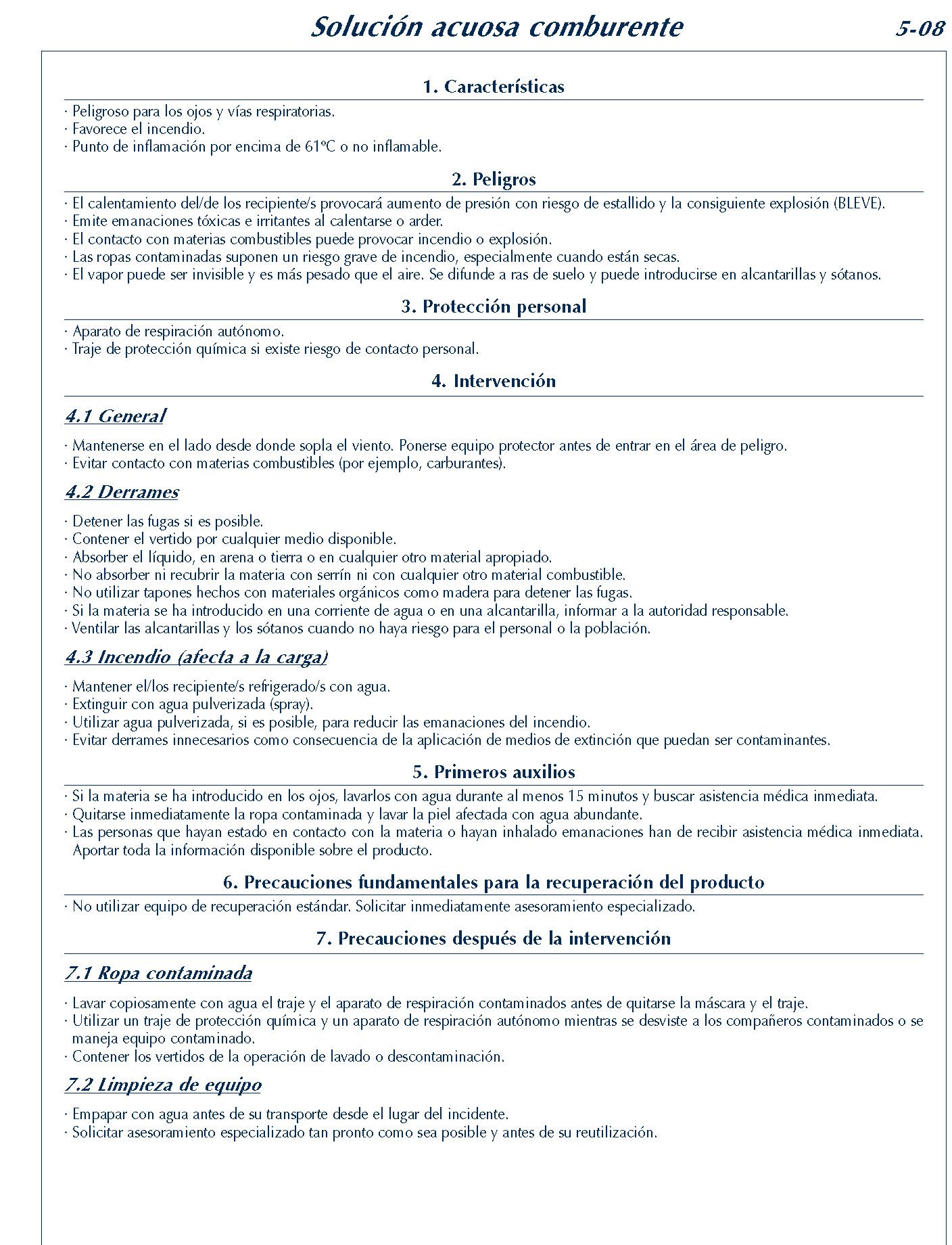 MERCANCIAS PELIGROSAS 223 FICHA 5-08 SOLUCION ACUOSA COMBURENTE FICHAS EMERGENCIA 2004