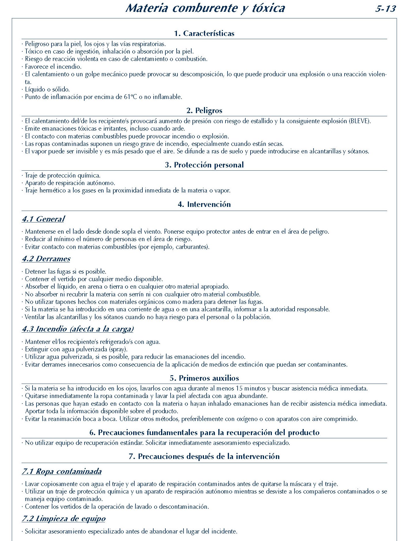 MERCANCIAS PELIGROSAS 229 FICHA 5-13 MATERIA COMBURENTE TOXICA FICHAS EMERGENCIA 2004