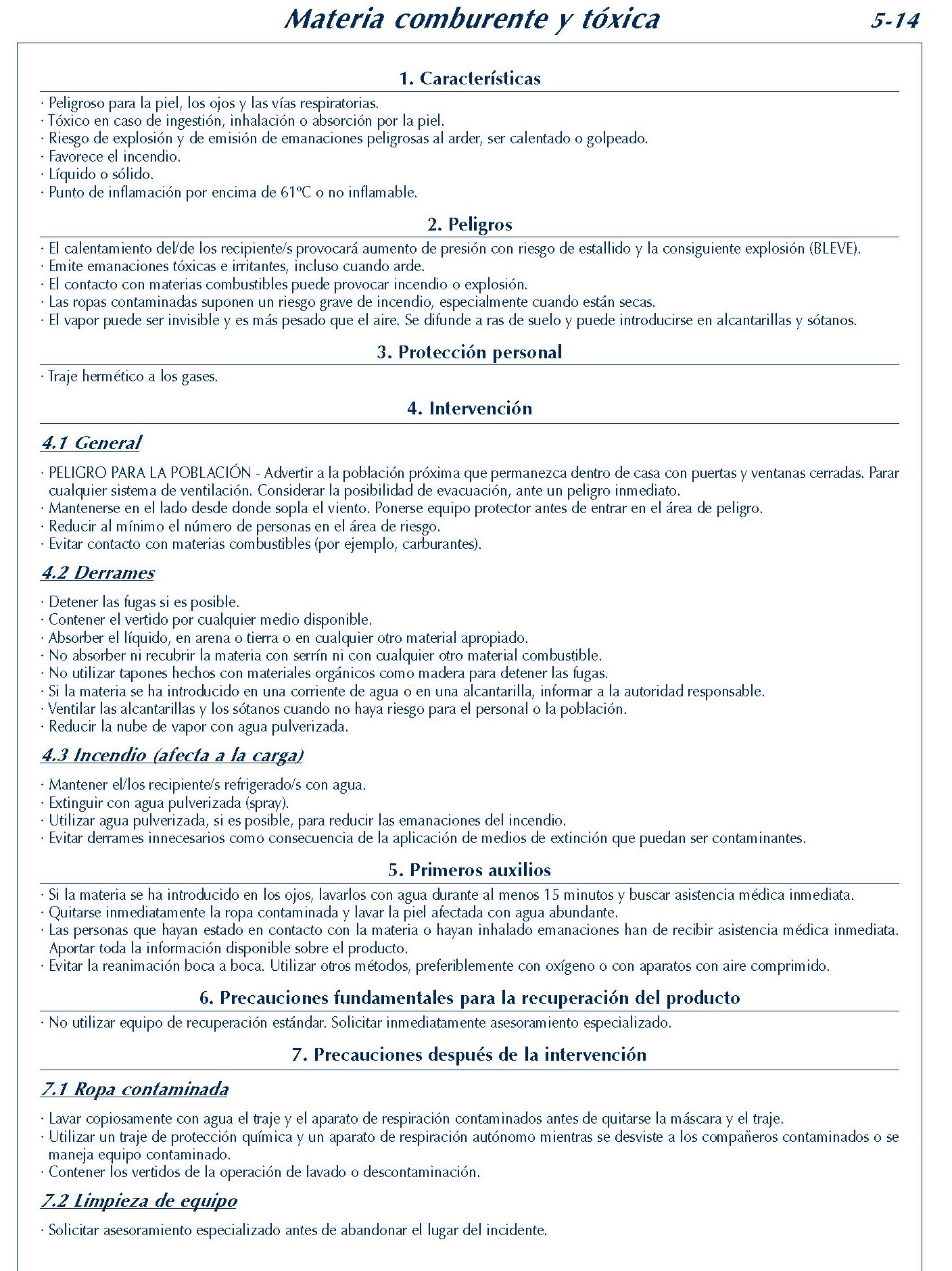 MERCANCIAS PELIGROSAS 230 FICHA 5-14 MATERIA COMBURENTE TOXICA FICHAS EMERGENCIA 2004