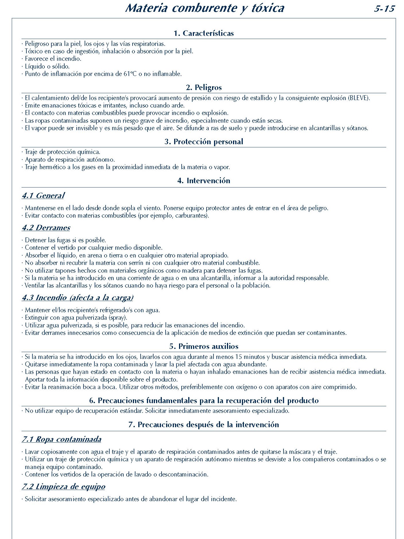 MERCANCIAS PELIGROSAS 231 FICHA 5-15 MATERIA COMBURENTE TOXICA FICHAS EMERGENCIA 2004