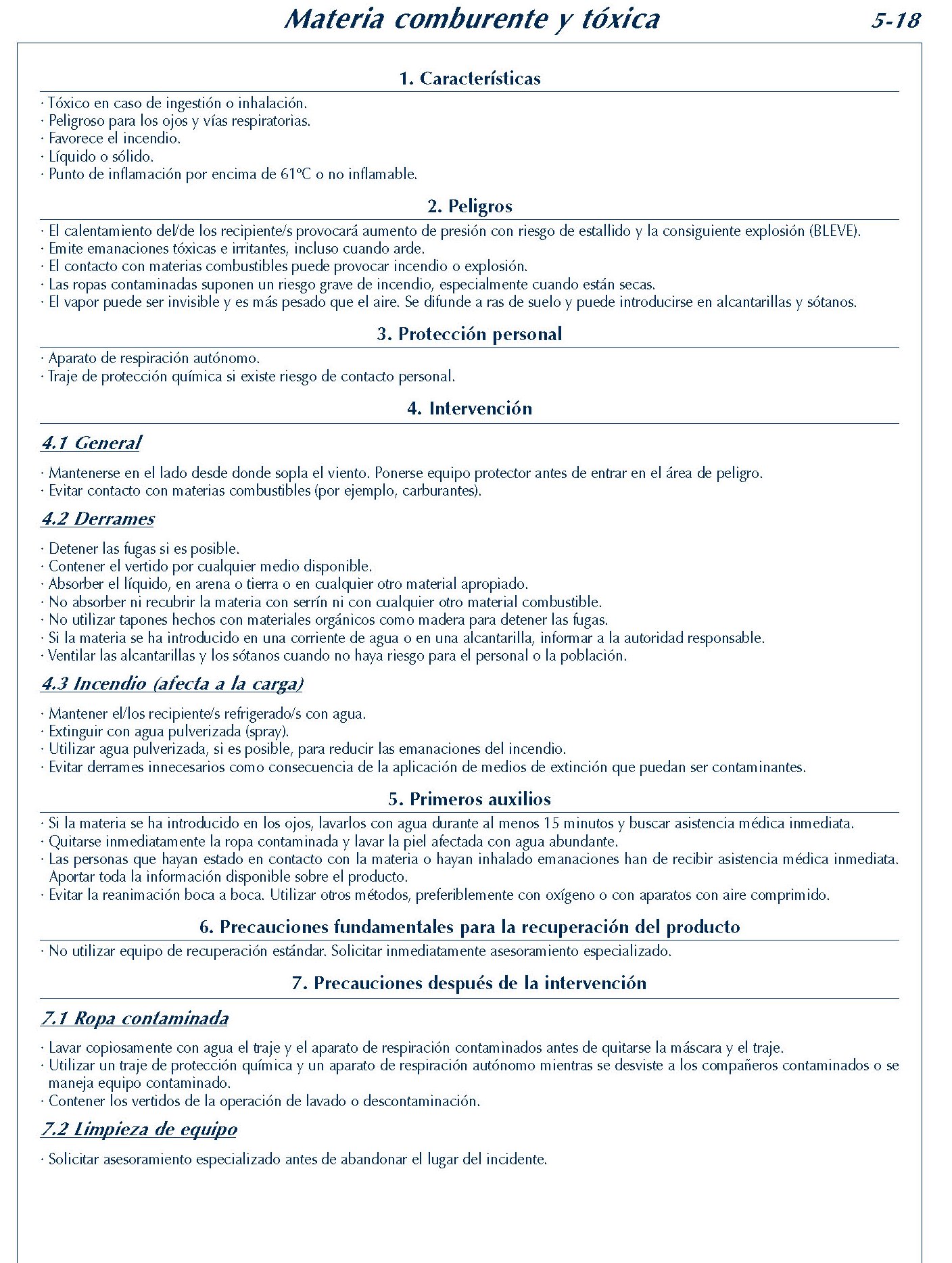 MERCANCIAS PELIGROSAS 234 FICHA 5-18 MATERIA COMBURENTE TOXICA FICHAS EMERGENCIA 2004