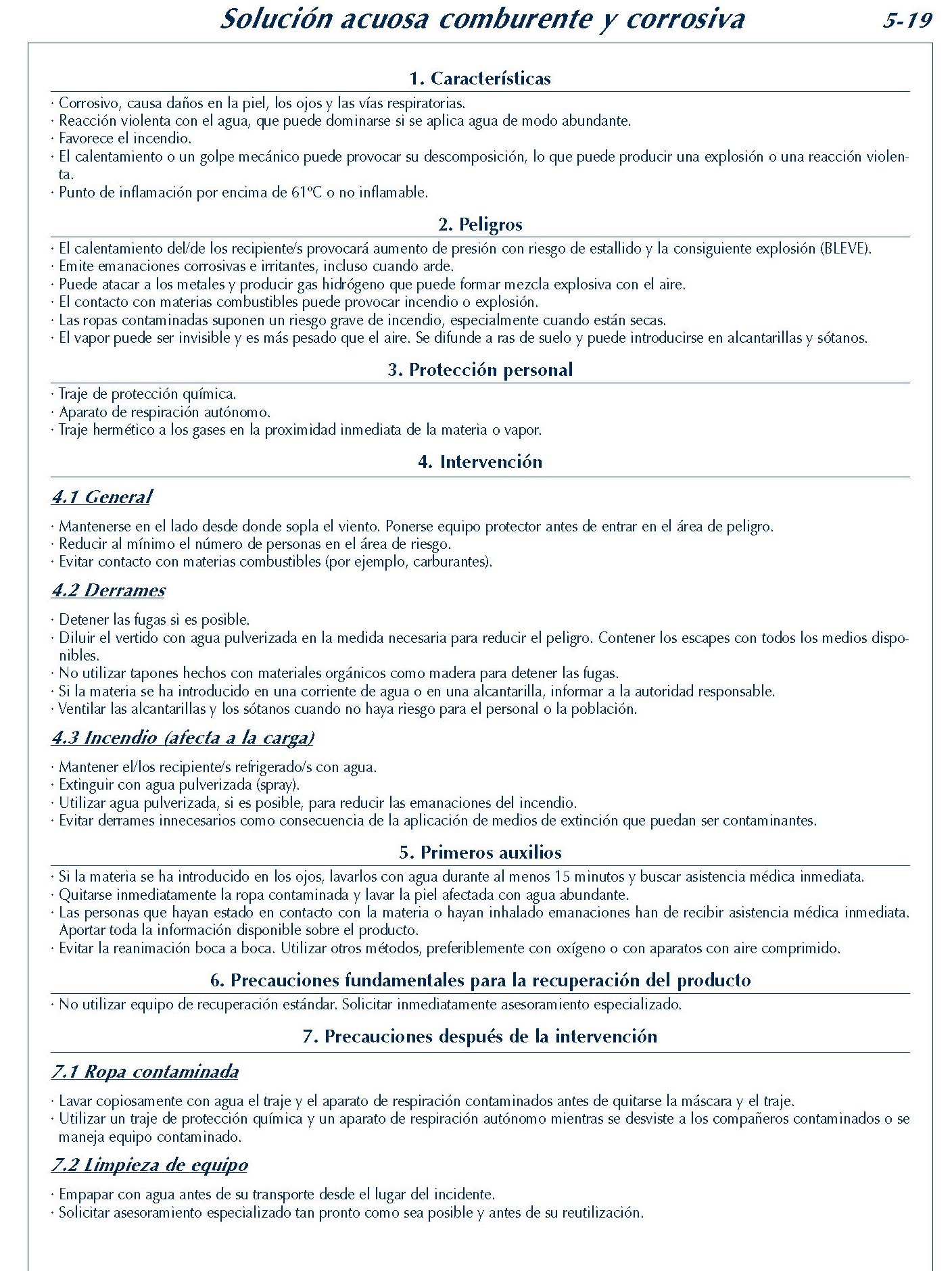 MERCANCIAS PELIGROSAS 235 FICHA 5-19 SOLUCION ACUOSA COMBURENTE CORROSIVA FICHAS EMERGENCIA 2004