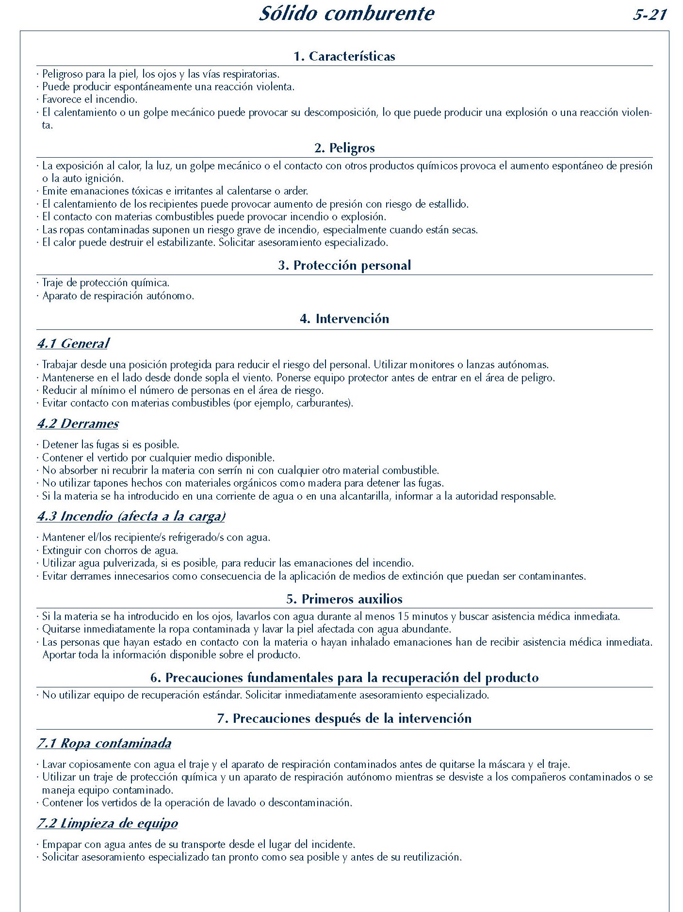 MERCANCIAS PELIGROSAS 237 FICHA 5-21 SOLIDO COMBURENTE FICHAS EMERGENCIA 2004