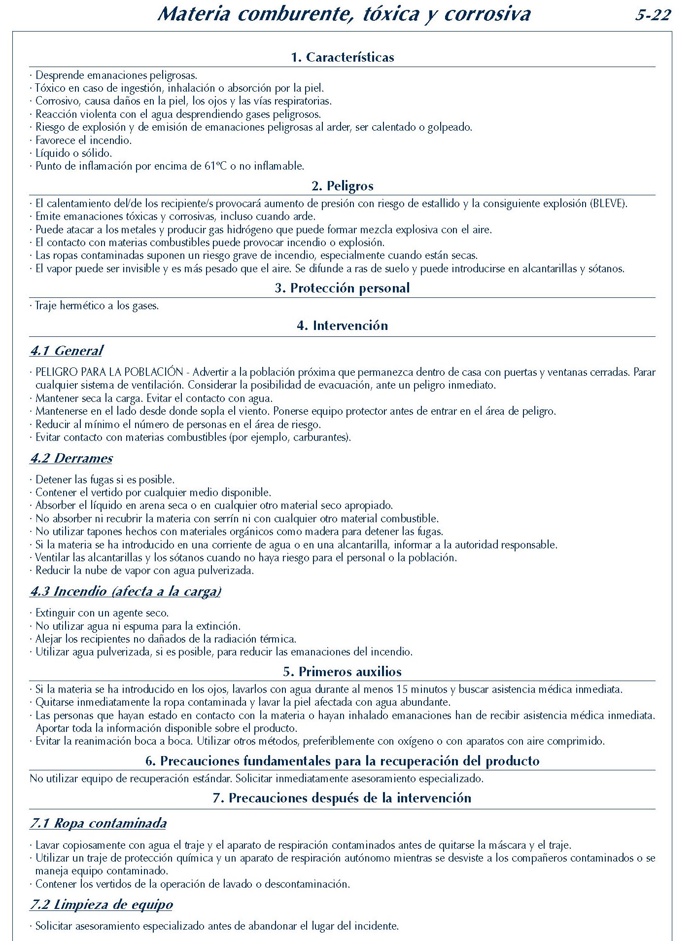 MERCANCIAS PELIGROSAS 238 FICHA 5-22 MATERIA COMBURENTE TOXICA CORROSIVA FICHAS EMERGENCIA 2004