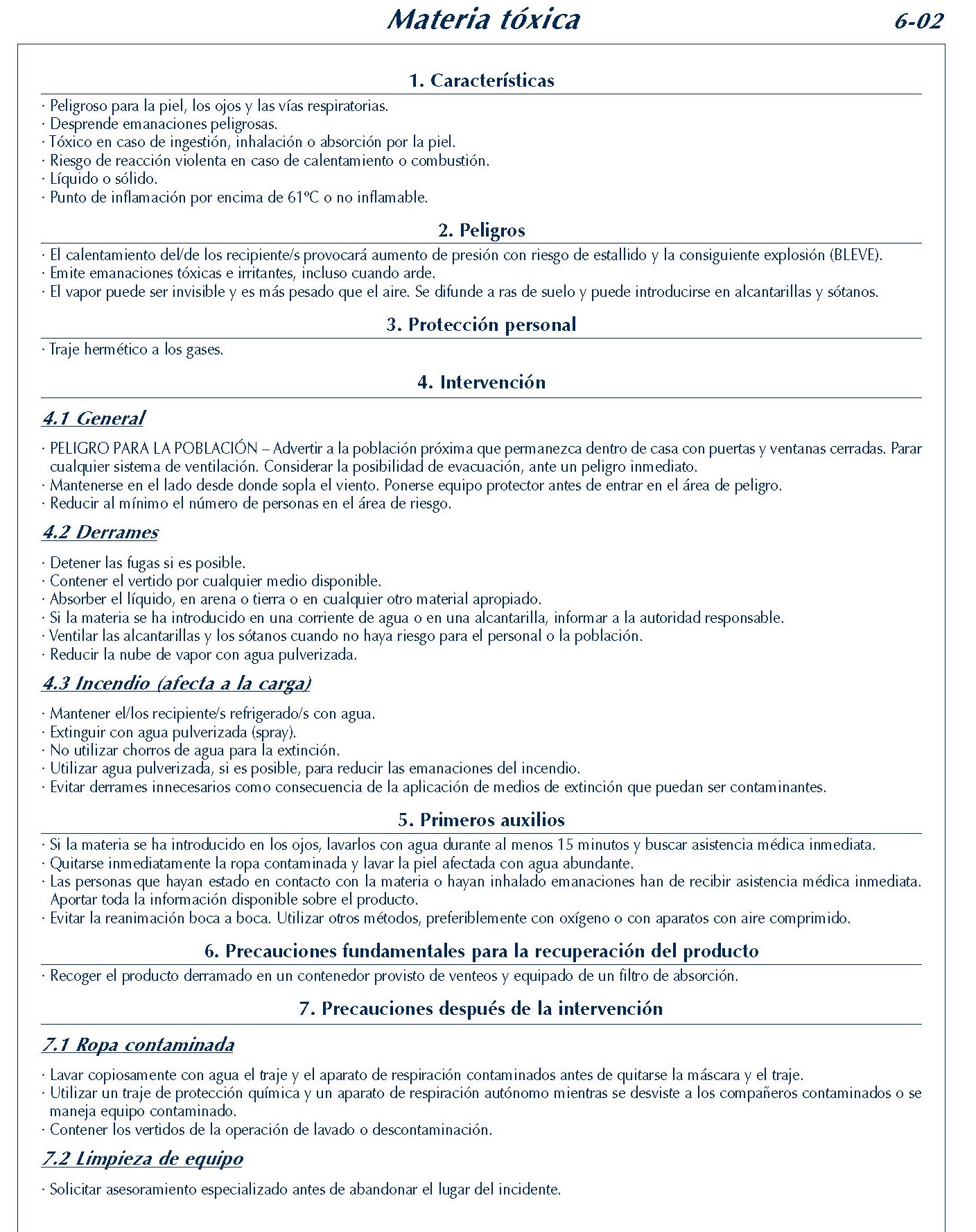 MERCANCIAS PELIGROSAS 240 FICHA 6-02 MATERIA TOXICA FICHAS EMERGENCIA 2004