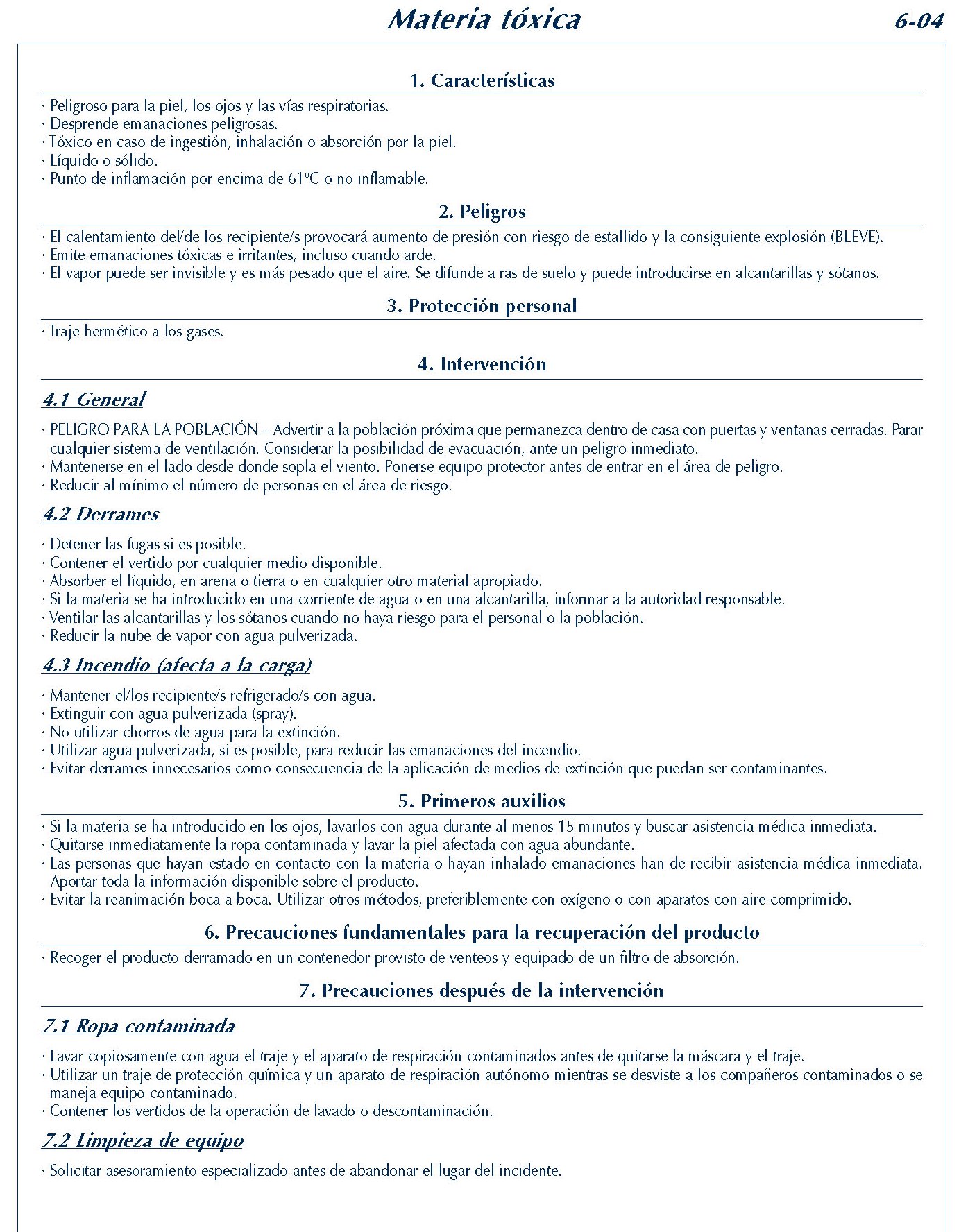 MERCANCIAS PELIGROSAS 242 FICHA 6-04 MATERIA TOXICA FICHAS EMERGENCIA 2004