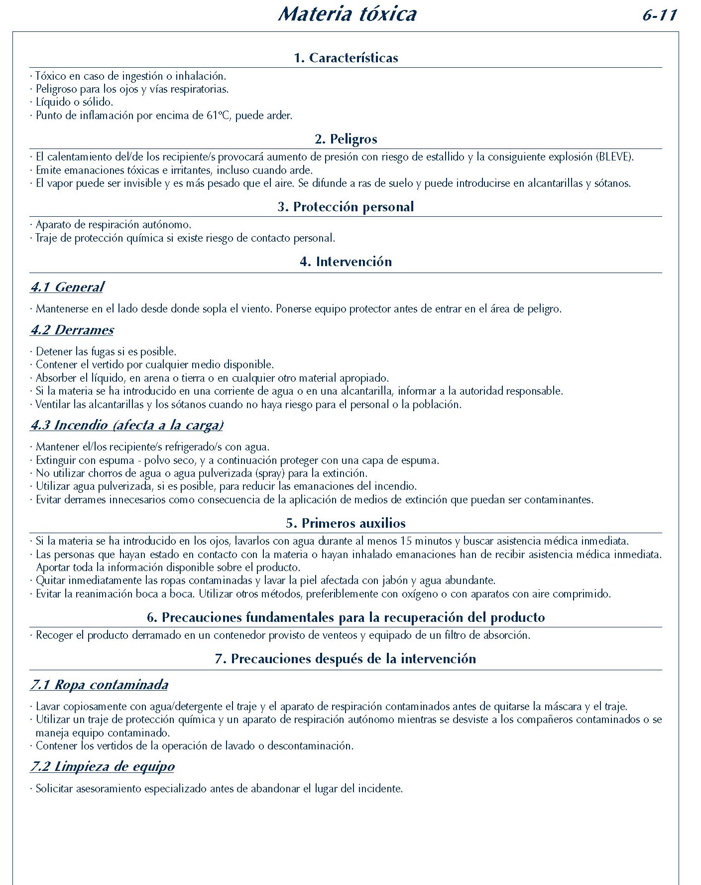 MERCANCIAS PELIGROSAS 248 FICHA 6-11 MATERIA TOXICA FICHAS EMERGENCIA 2004