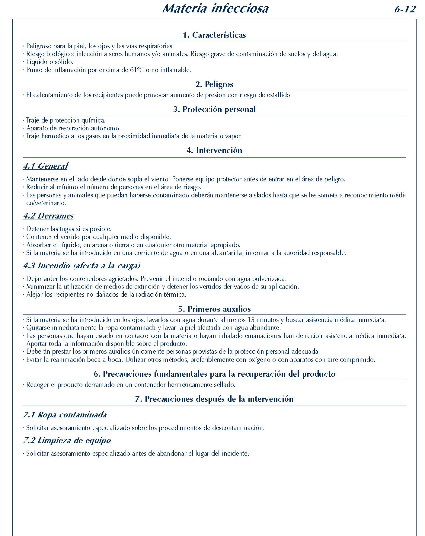 MERCANCIAS PELIGROSAS 249 FICHA 6-12 MATERIA INFECCIOSA FICHAS EMERGENCIA 2004